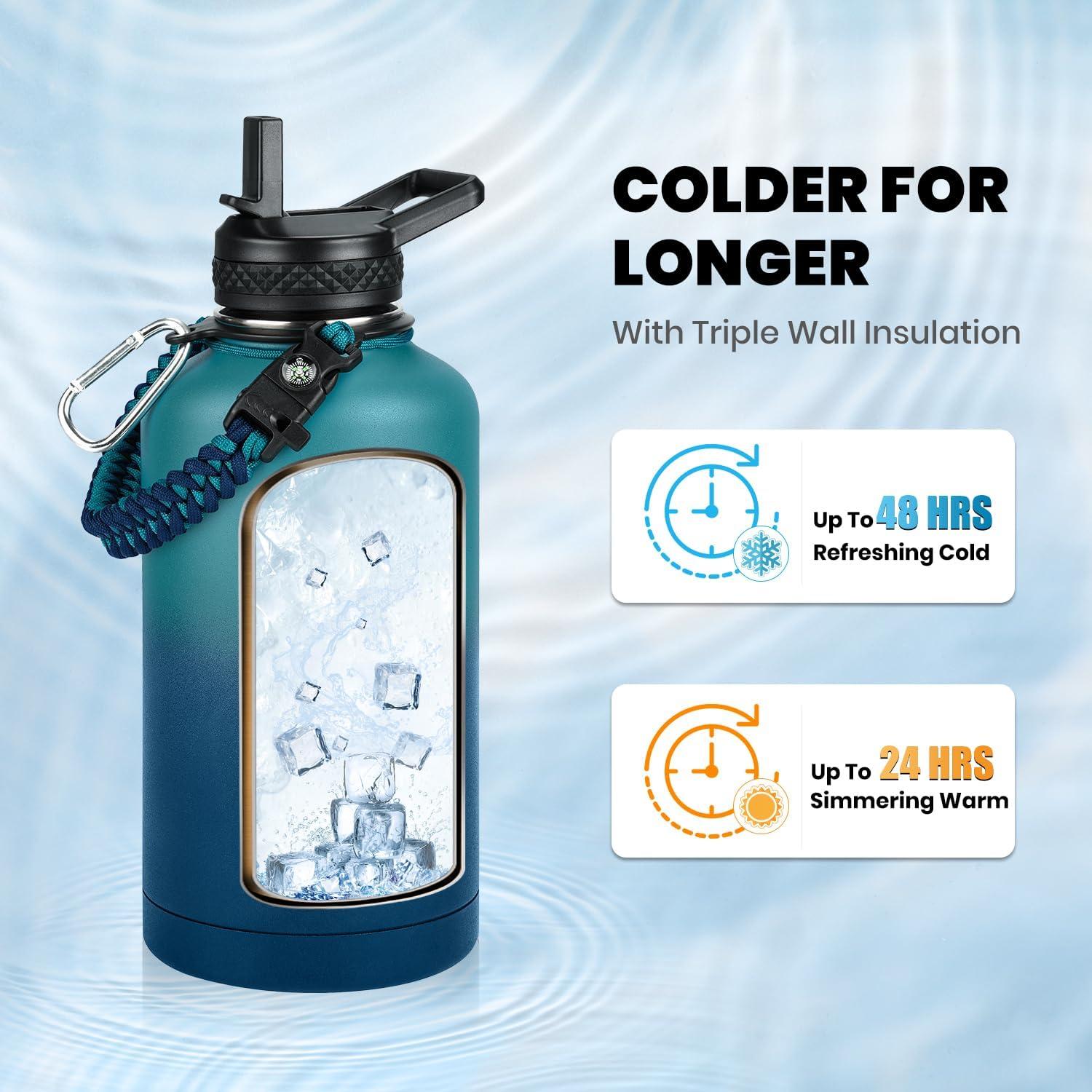imageInsulated Water Bottle 64 oz Triple Wall Vacuum Stainless Steel Cold for 48 Hrs Leak Proof ampamp NonBPA Half Gallon Water Flask Jug with Paracord Handle ampamp Straw Spout LidsCyan Blue