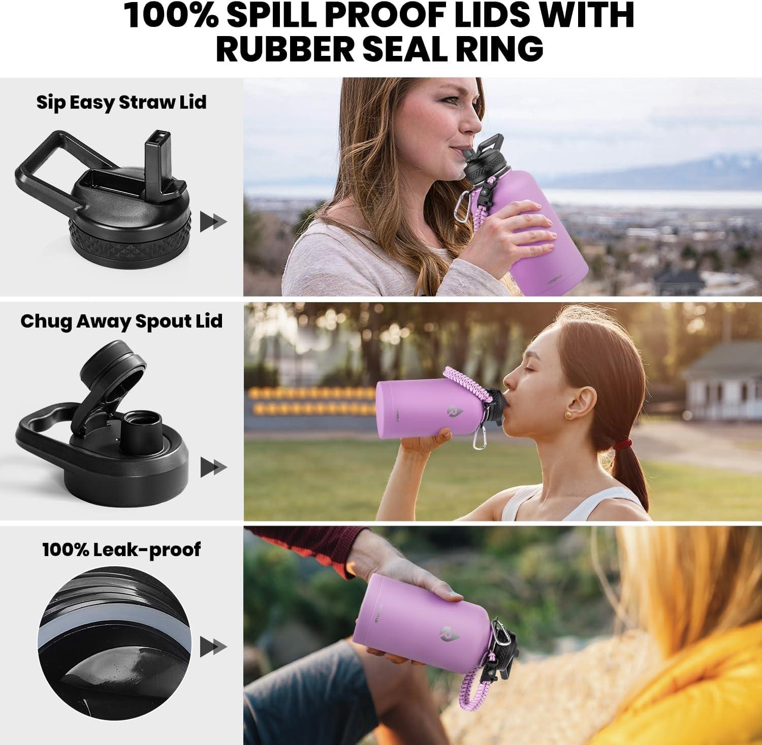 imageInsulated Water Bottle 64 oz Triple Wall Vacuum Stainless Steel Cold for 48 Hrs Leak Proof ampamp NonBPA Half Gallon Water Flask Jug with Paracord Handle ampamp Straw Spout LidsLilac