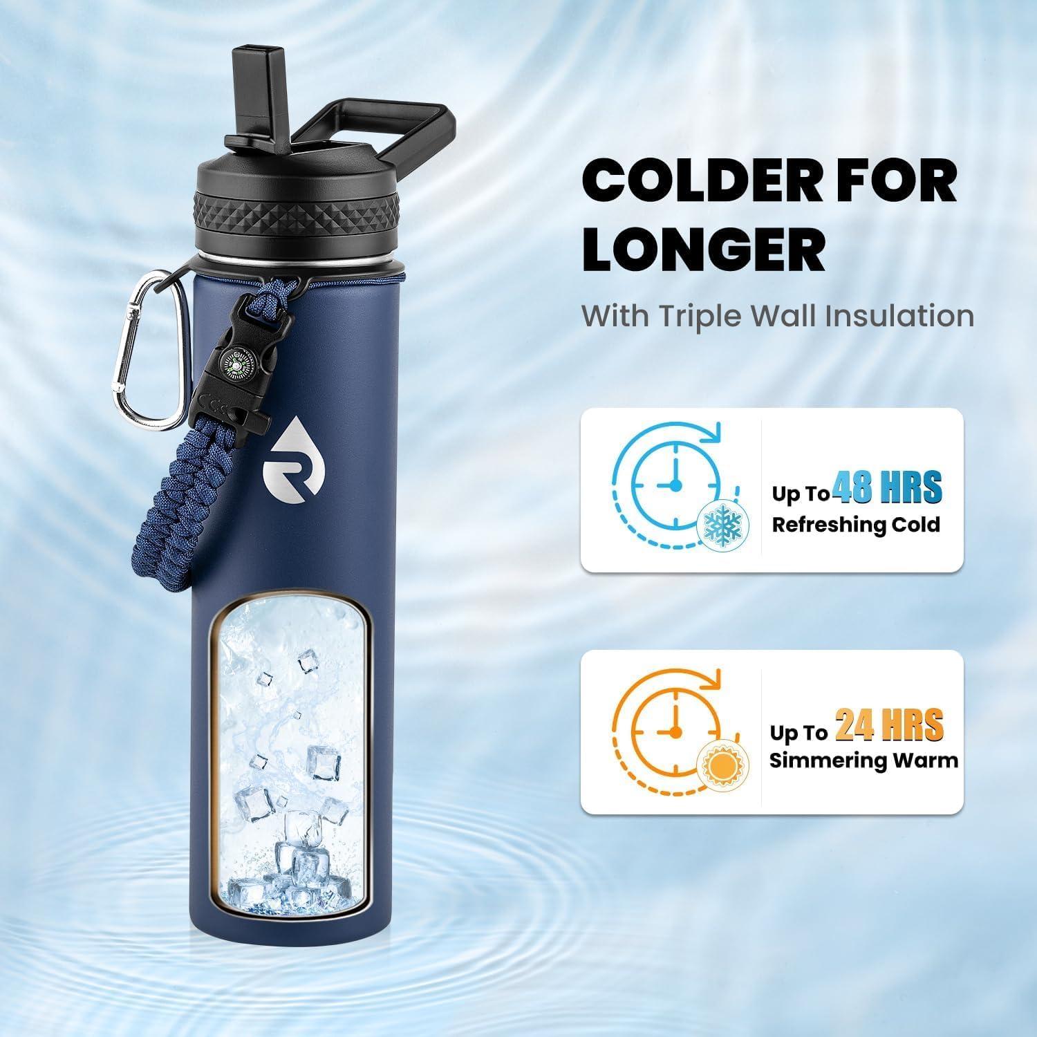 imageInsulated Water Bottle 64 oz Triple Wall Vacuum Stainless Steel Cold for 48 Hrs Leak Proof ampamp NonBPA Half Gallon Water Flask Jug with Paracord Handle ampamp Straw Spout LidsNavy Blue