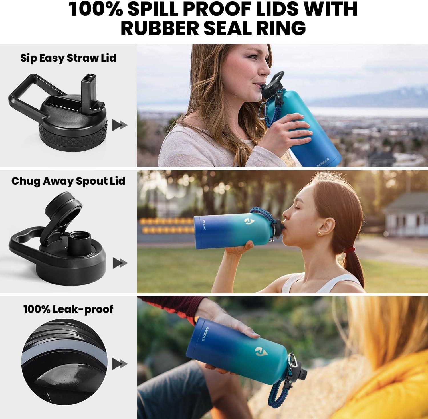 imageInsulated Water Bottle 64 oz Triple Wall Vacuum Stainless Steel Cold for 48 Hrs Leak Proof ampamp NonBPA Half Gallon Water Flask Jug with Paracord Handle ampamp Straw Spout LidsCyan Blue