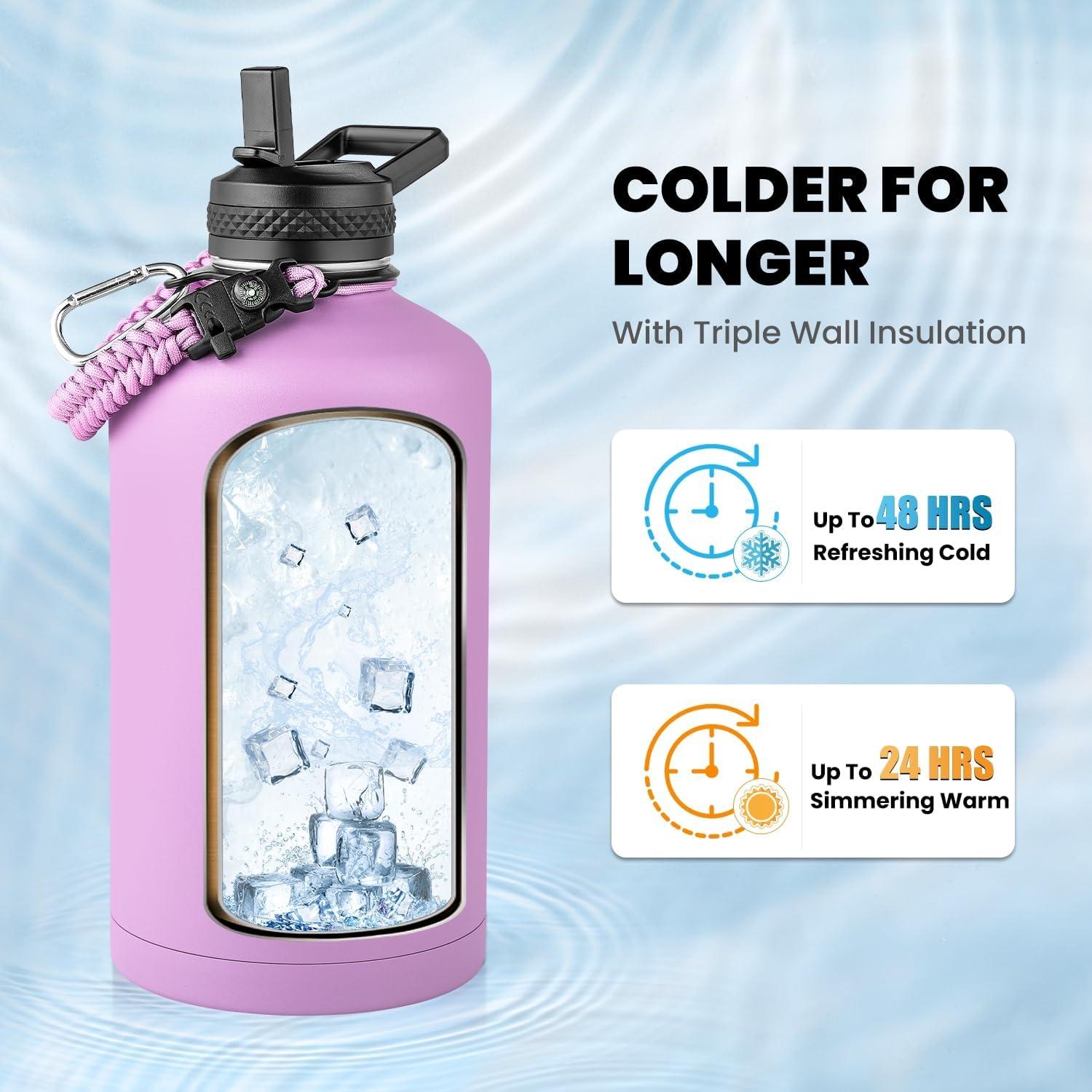 imageInsulated Water Bottle 64 oz Triple Wall Vacuum Stainless Steel Cold for 48 Hrs Leak Proof ampamp NonBPA Half Gallon Water Flask Jug with Paracord Handle ampamp Straw Spout LidsLilac