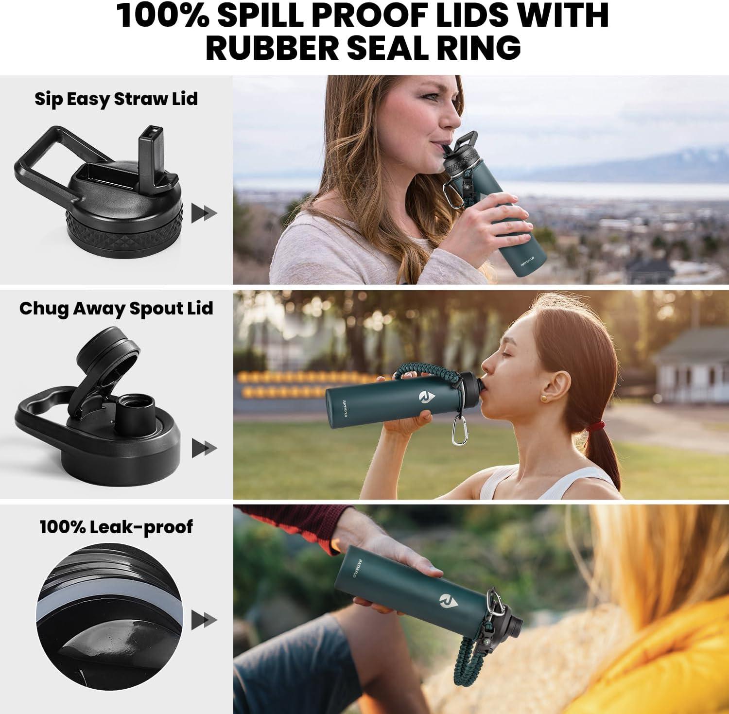 imageInsulated Water Bottle 64 oz Triple Wall Vacuum Stainless Steel Cold for 48 Hrs Leak Proof ampamp NonBPA Half Gallon Water Flask Jug with Paracord Handle ampamp Straw Spout LidsDark Green