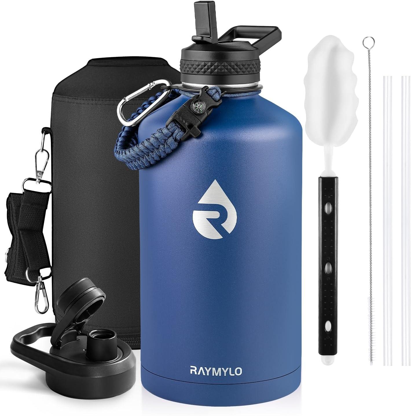 imageInsulated Water Bottle 64 oz Triple Wall Vacuum Stainless Steel Cold for 48 Hrs Leak Proof ampamp NonBPA Half Gallon Water Flask Jug with Paracord Handle ampamp Straw Spout LidsNavy Blue
