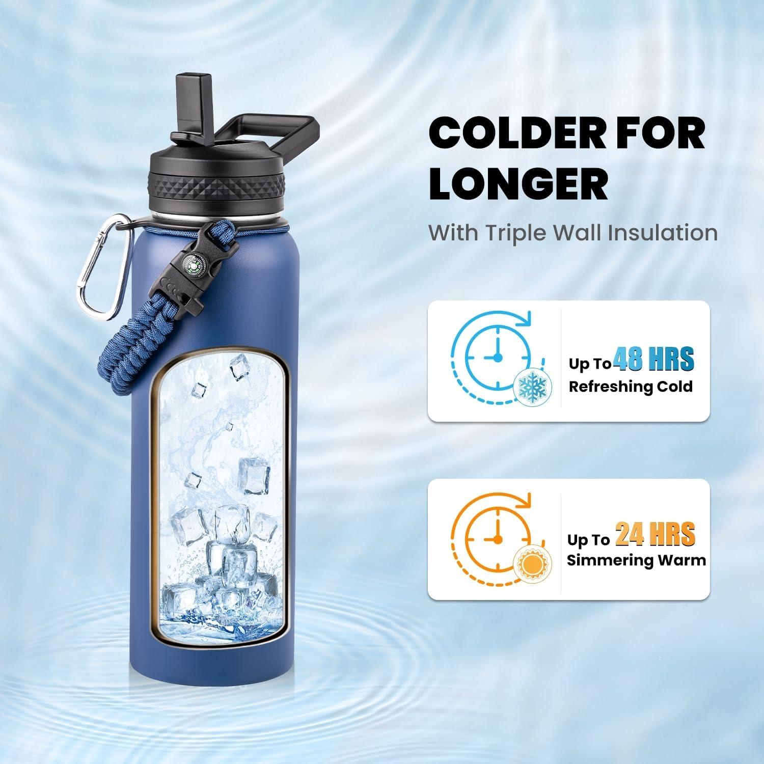 imageInsulated Water Bottle 64 oz Triple Wall Vacuum Stainless Steel Cold for 48 Hrs Leak Proof ampamp NonBPA Half Gallon Water Flask Jug with Paracord Handle ampamp Straw Spout LidsNavy Blue