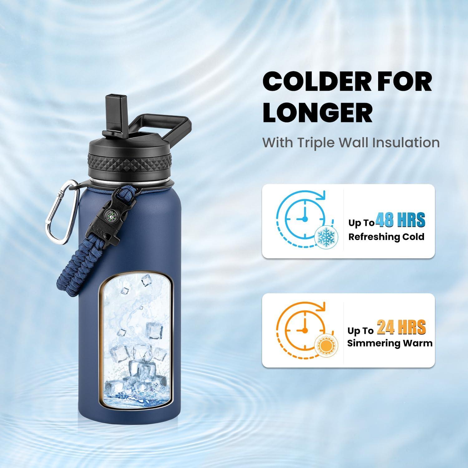 imageInsulated Water Bottle 64 oz Triple Wall Vacuum Stainless Steel Cold for 48 Hrs Leak Proof ampamp NonBPA Half Gallon Water Flask Jug with Paracord Handle ampamp Straw Spout LidsNavy Blue