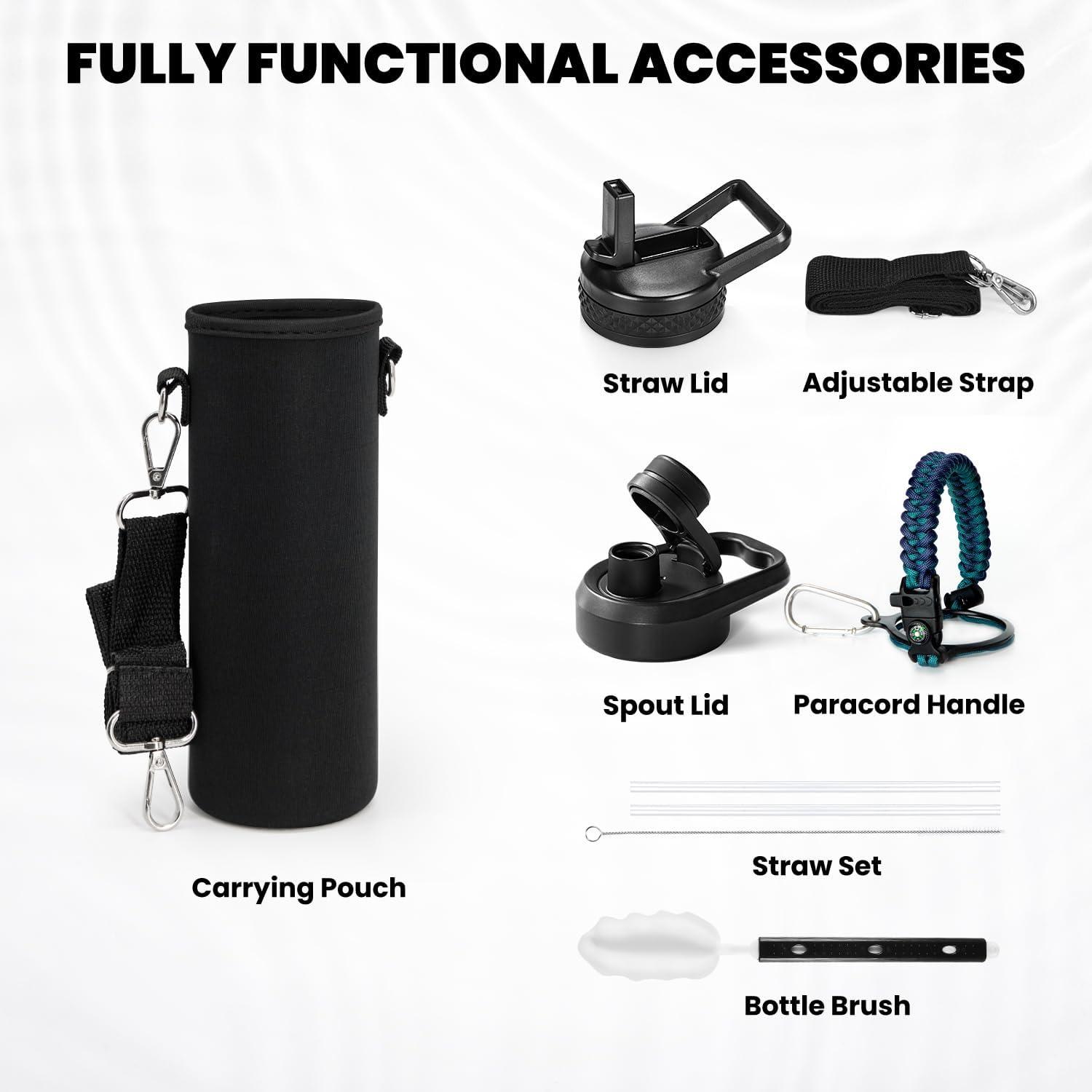 imageInsulated Water Bottle 64 oz Triple Wall Vacuum Stainless Steel Cold for 48 Hrs Leak Proof ampamp NonBPA Half Gallon Water Flask Jug with Paracord Handle ampamp Straw Spout LidsCyan Blue