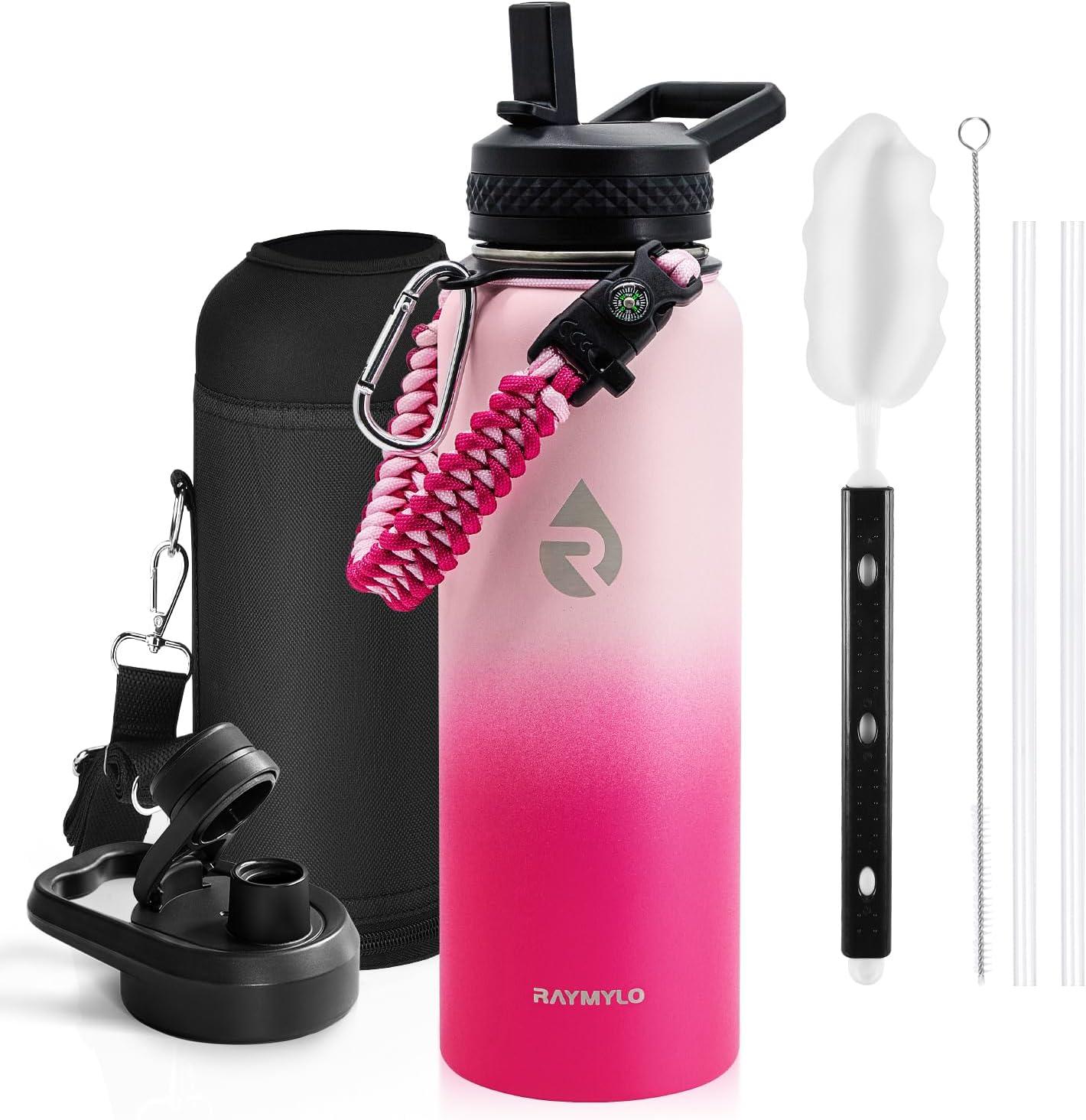 imageInsulated Water Bottle 64 oz Triple Wall Vacuum Stainless Steel Cold for 48 Hrs Leak Proof ampamp NonBPA Half Gallon Water Flask Jug with Paracord Handle ampamp Straw Spout LidsOmbre Pink