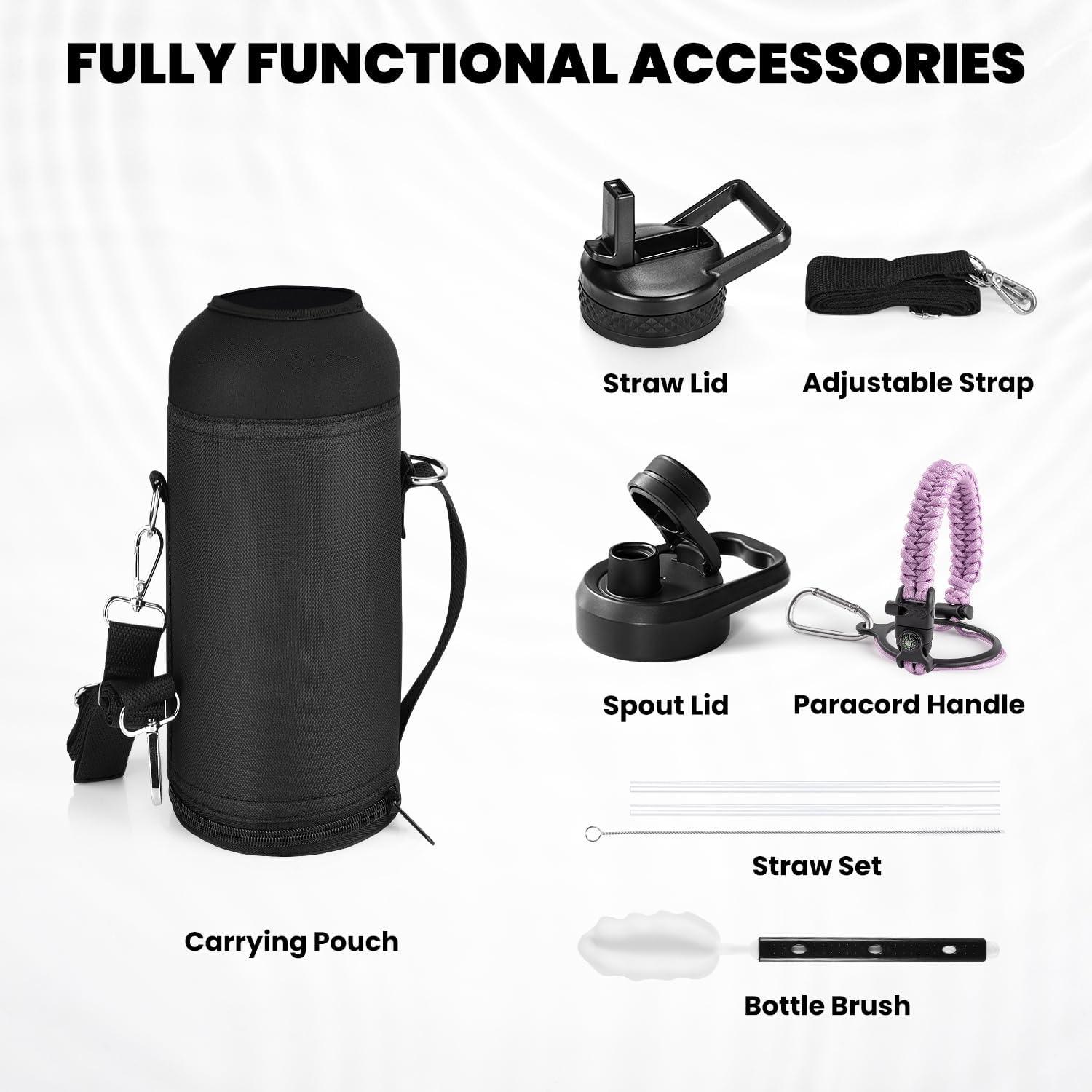 imageInsulated Water Bottle 64 oz Triple Wall Vacuum Stainless Steel Cold for 48 Hrs Leak Proof ampamp NonBPA Half Gallon Water Flask Jug with Paracord Handle ampamp Straw Spout LidsLilac