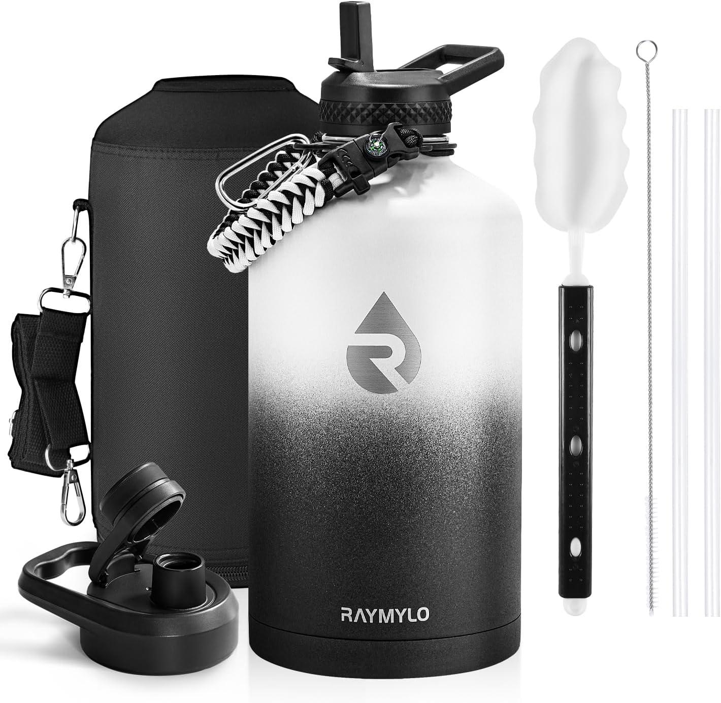imageInsulated Water Bottle 64 oz Triple Wall Vacuum Stainless Steel Cold for 48 Hrs Leak Proof ampamp NonBPA Half Gallon Water Flask Jug with Paracord Handle ampamp Straw Spout LidsOmbre WhiteBlack