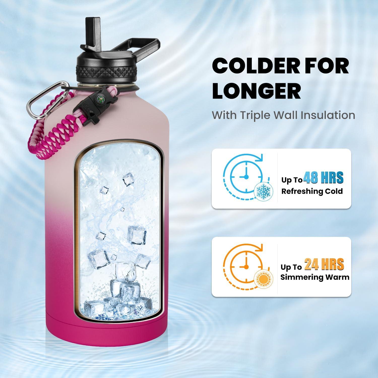 imageInsulated Water Bottle 64 oz Triple Wall Vacuum Stainless Steel Cold for 48 Hrs Leak Proof ampamp NonBPA Half Gallon Water Flask Jug with Paracord Handle ampamp Straw Spout LidsOmbre Pink