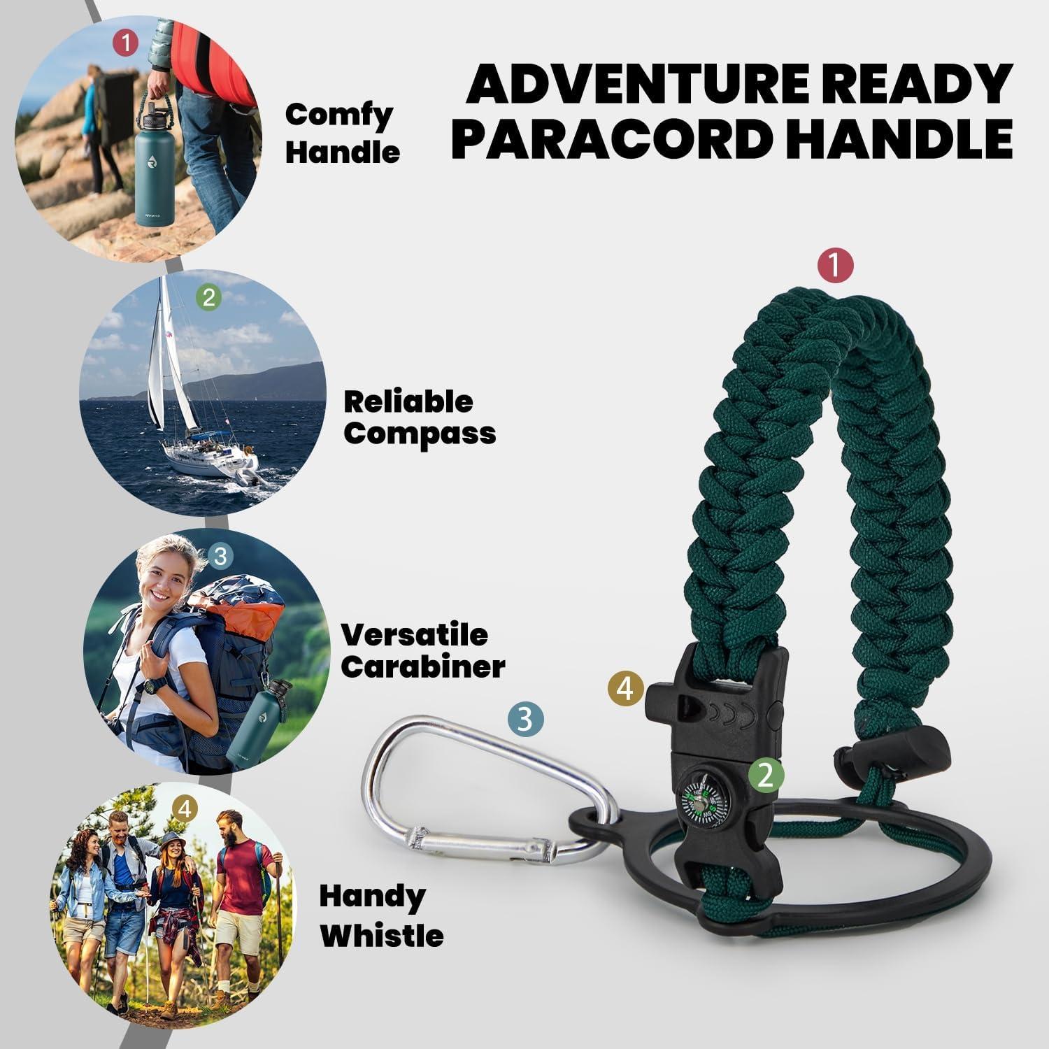 imageInsulated Water Bottle 64 oz Triple Wall Vacuum Stainless Steel Cold for 48 Hrs Leak Proof ampamp NonBPA Half Gallon Water Flask Jug with Paracord Handle ampamp Straw Spout LidsDark Green