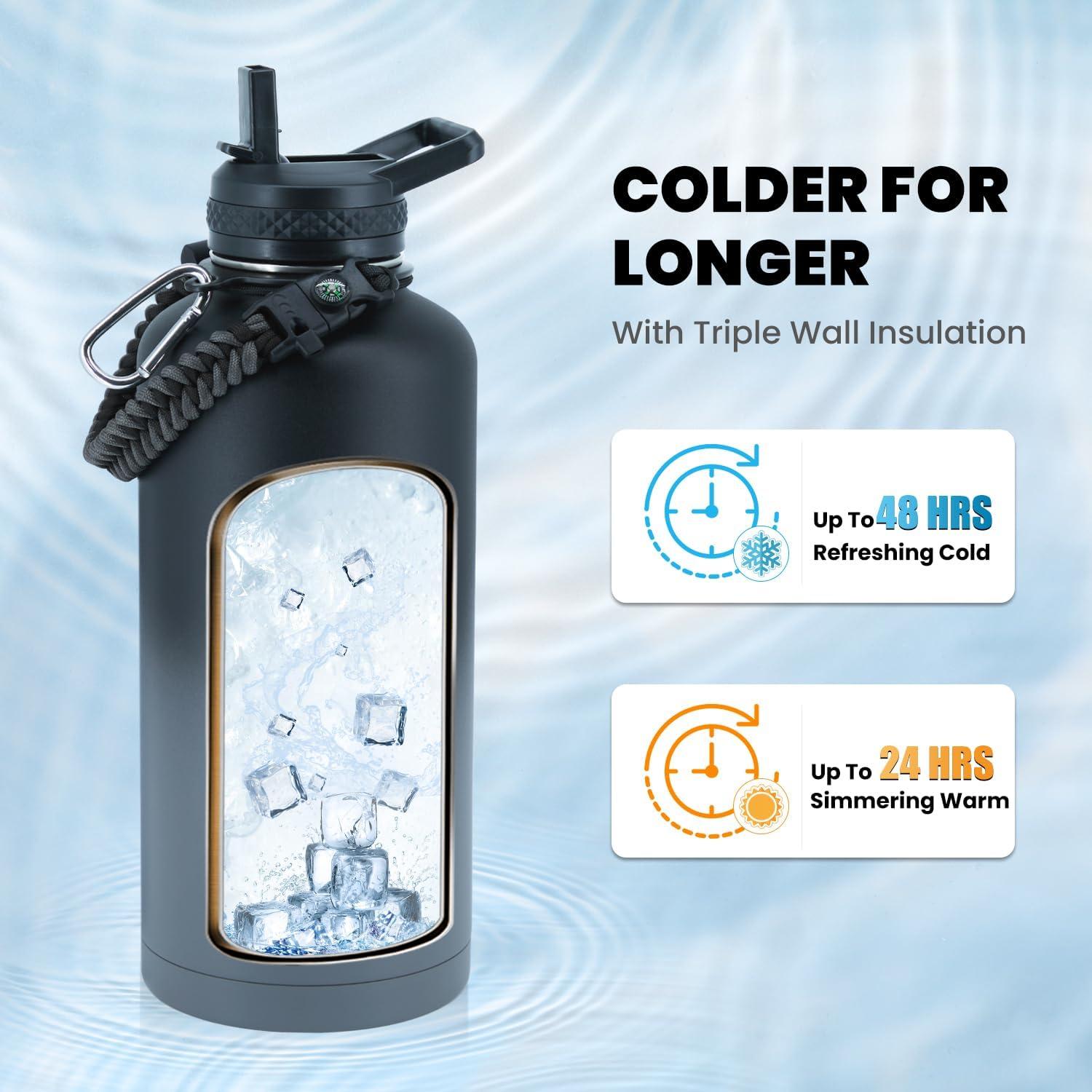 imageInsulated Water Bottle 64 oz Triple Wall Vacuum Stainless Steel Cold for 48 Hrs Leak Proof ampamp NonBPA Half Gallon Water Flask Jug with Paracord Handle ampamp Straw Spout LidsDark Gray