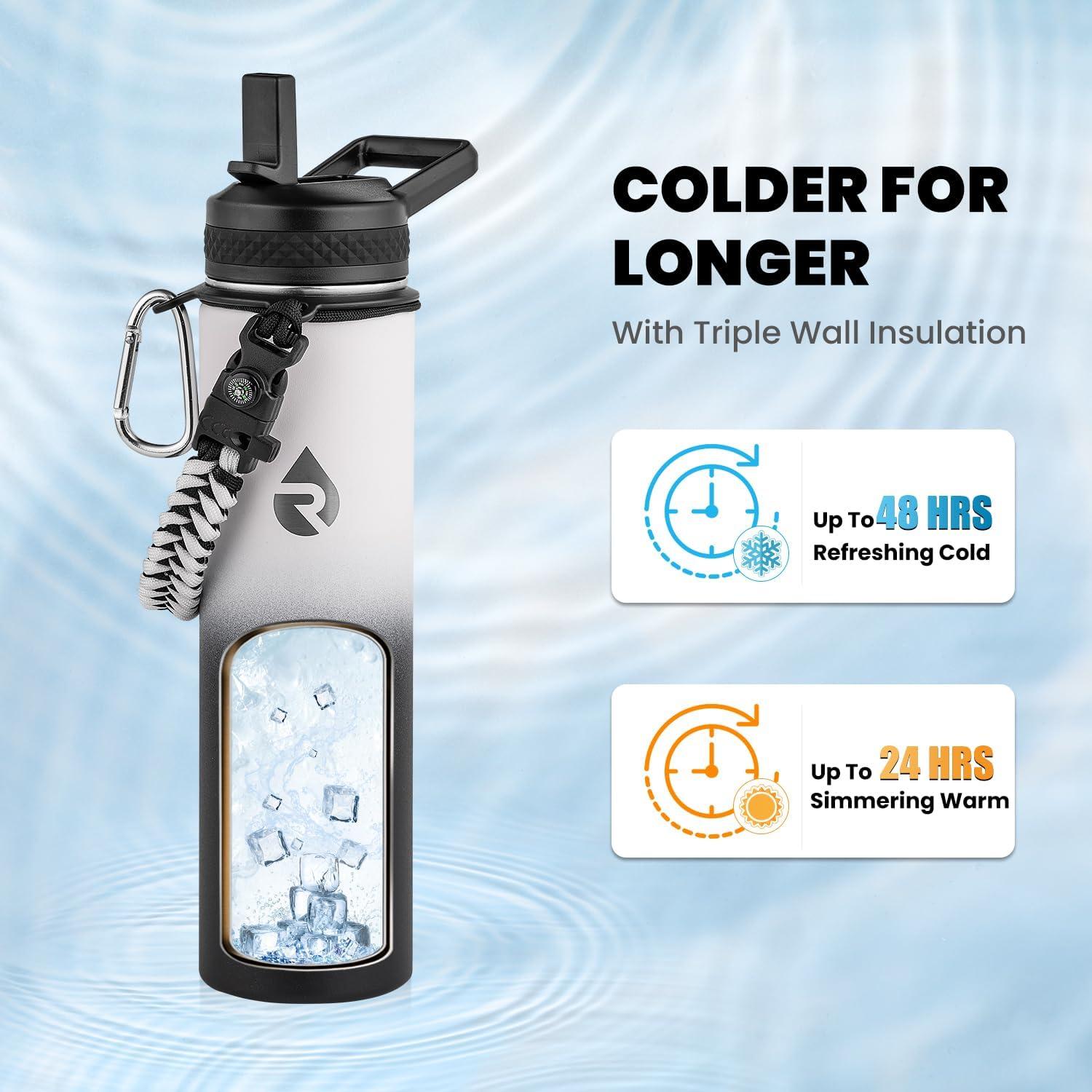 imageInsulated Water Bottle 64 oz Triple Wall Vacuum Stainless Steel Cold for 48 Hrs Leak Proof ampamp NonBPA Half Gallon Water Flask Jug with Paracord Handle ampamp Straw Spout LidsOmbre WhiteBlack