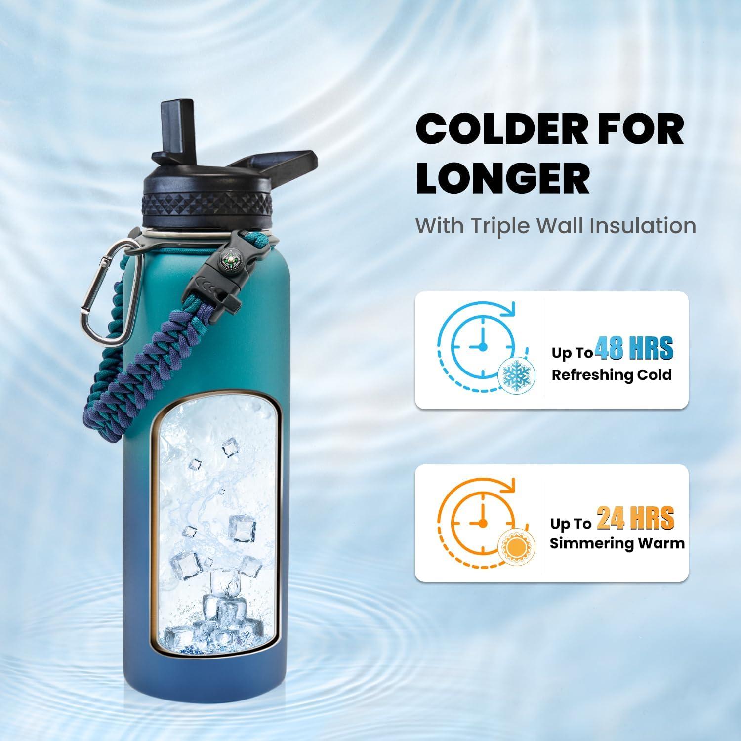 imageInsulated Water Bottle 64 oz Triple Wall Vacuum Stainless Steel Cold for 48 Hrs Leak Proof ampamp NonBPA Half Gallon Water Flask Jug with Paracord Handle ampamp Straw Spout LidsCyan Blue