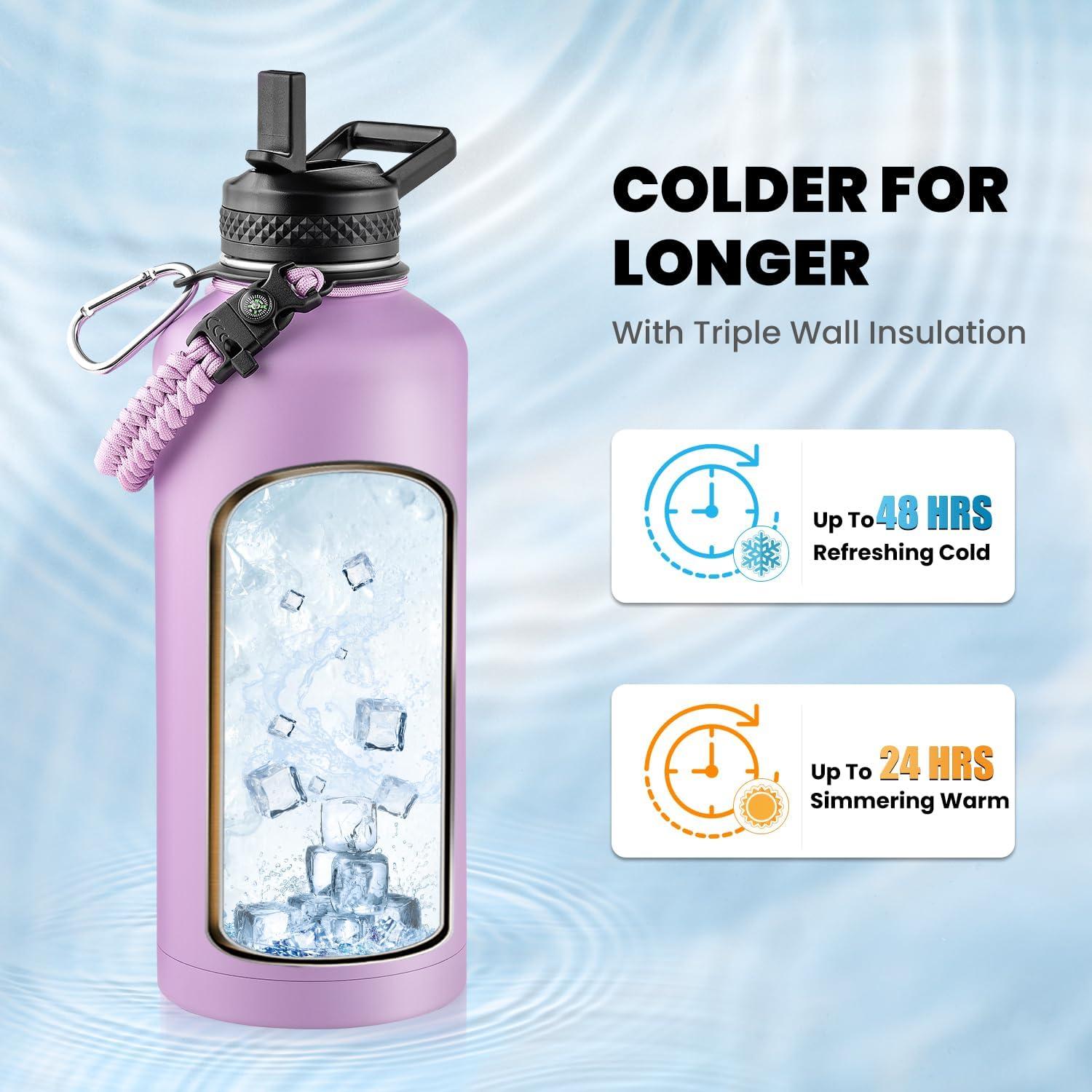 imageInsulated Water Bottle 64 oz Triple Wall Vacuum Stainless Steel Cold for 48 Hrs Leak Proof ampamp NonBPA Half Gallon Water Flask Jug with Paracord Handle ampamp Straw Spout LidsLilac