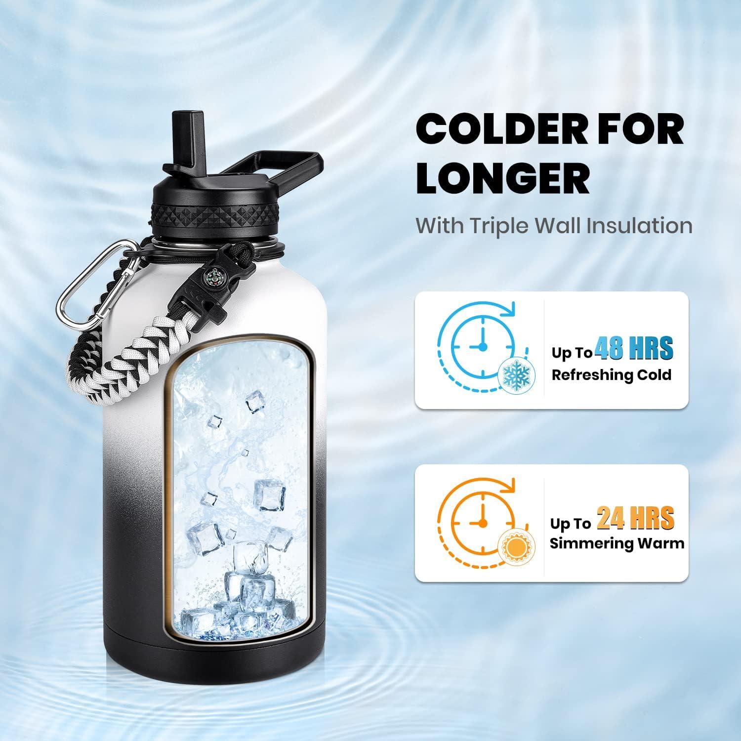 imageInsulated Water Bottle 64 oz Triple Wall Vacuum Stainless Steel Cold for 48 Hrs Leak Proof ampamp NonBPA Half Gallon Water Flask Jug with Paracord Handle ampamp Straw Spout LidsOmbre WhiteBlack
