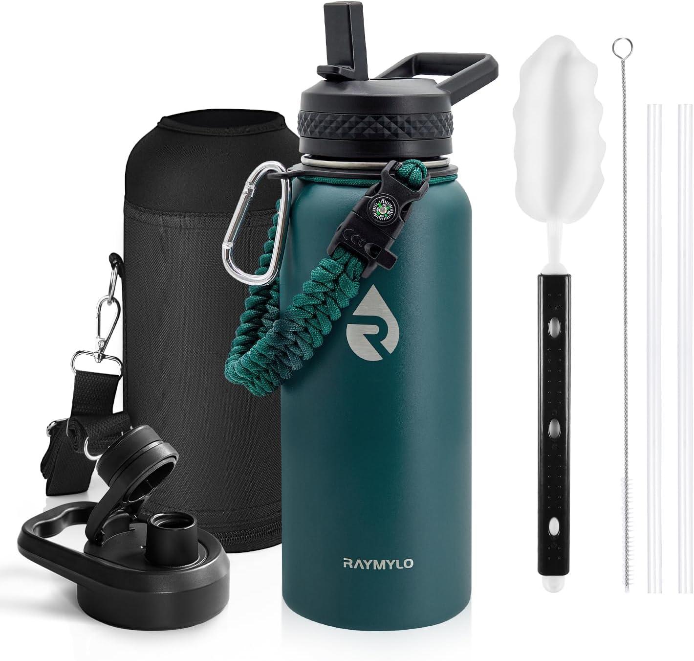 imageInsulated Water Bottle 64 oz Triple Wall Vacuum Stainless Steel Cold for 48 Hrs Leak Proof ampamp NonBPA Half Gallon Water Flask Jug with Paracord Handle ampamp Straw Spout LidsDark Green