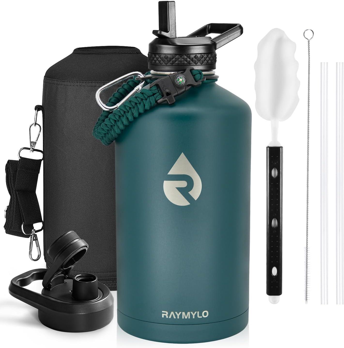 imageInsulated Water Bottle 64 oz Triple Wall Vacuum Stainless Steel Cold for 48 Hrs Leak Proof ampamp NonBPA Half Gallon Water Flask Jug with Paracord Handle ampamp Straw Spout LidsDark Green