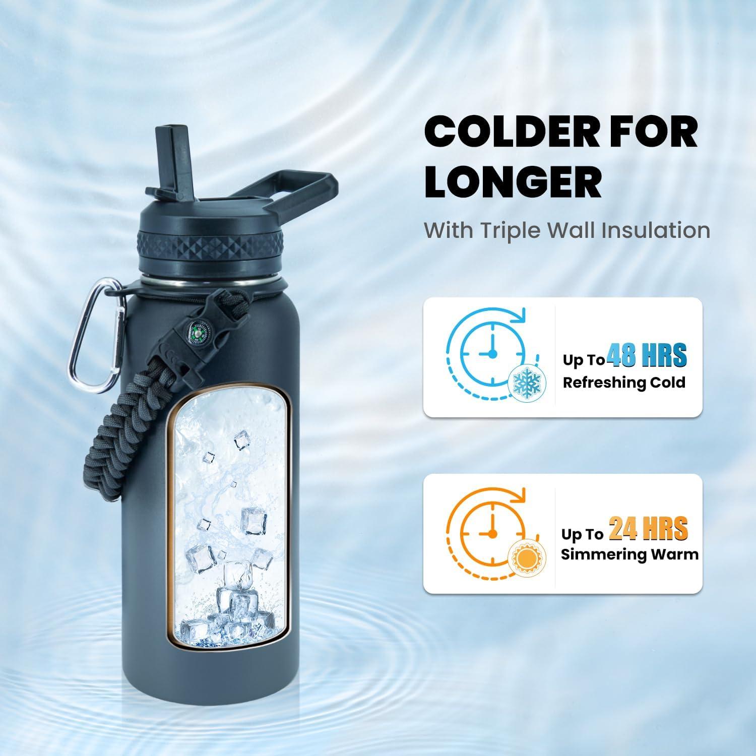 imageInsulated Water Bottle 64 oz Triple Wall Vacuum Stainless Steel Cold for 48 Hrs Leak Proof ampamp NonBPA Half Gallon Water Flask Jug with Paracord Handle ampamp Straw Spout LidsDark Gray