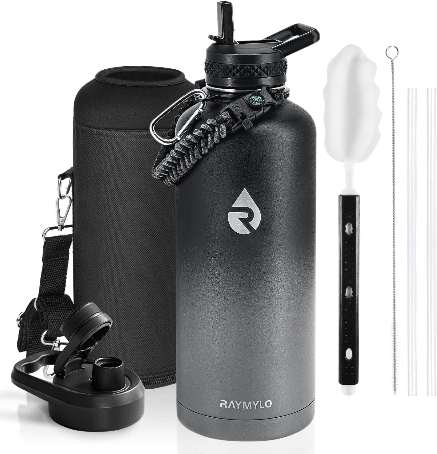 imageInsulated Water Bottle 64 oz Triple Wall Vacuum Stainless Steel Cold for 48 Hrs Leak Proof ampamp NonBPA Half Gallon Water Flask Jug with Paracord Handle ampamp Straw Spout LidsDark Gray