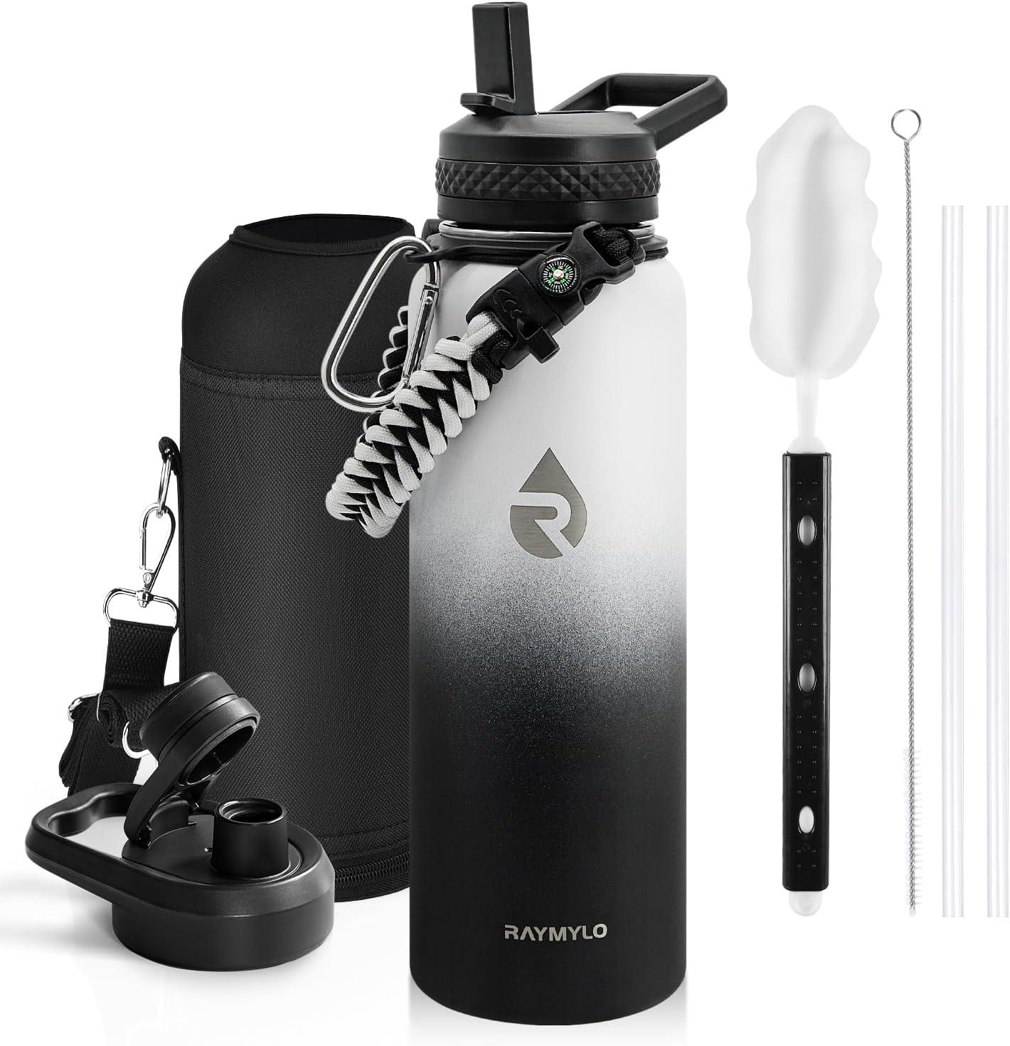 imageInsulated Water Bottle 64 oz Triple Wall Vacuum Stainless Steel Cold for 48 Hrs Leak Proof ampamp NonBPA Half Gallon Water Flask Jug with Paracord Handle ampamp Straw Spout LidsOmbre WhiteBlack