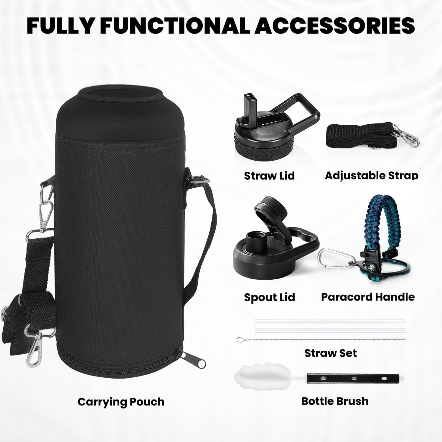 imageInsulated Water Bottle 64 oz Triple Wall Vacuum Stainless Steel Cold for 48 Hrs Leak Proof ampamp NonBPA Half Gallon Water Flask Jug with Paracord Handle ampamp Straw Spout LidsCyan Blue