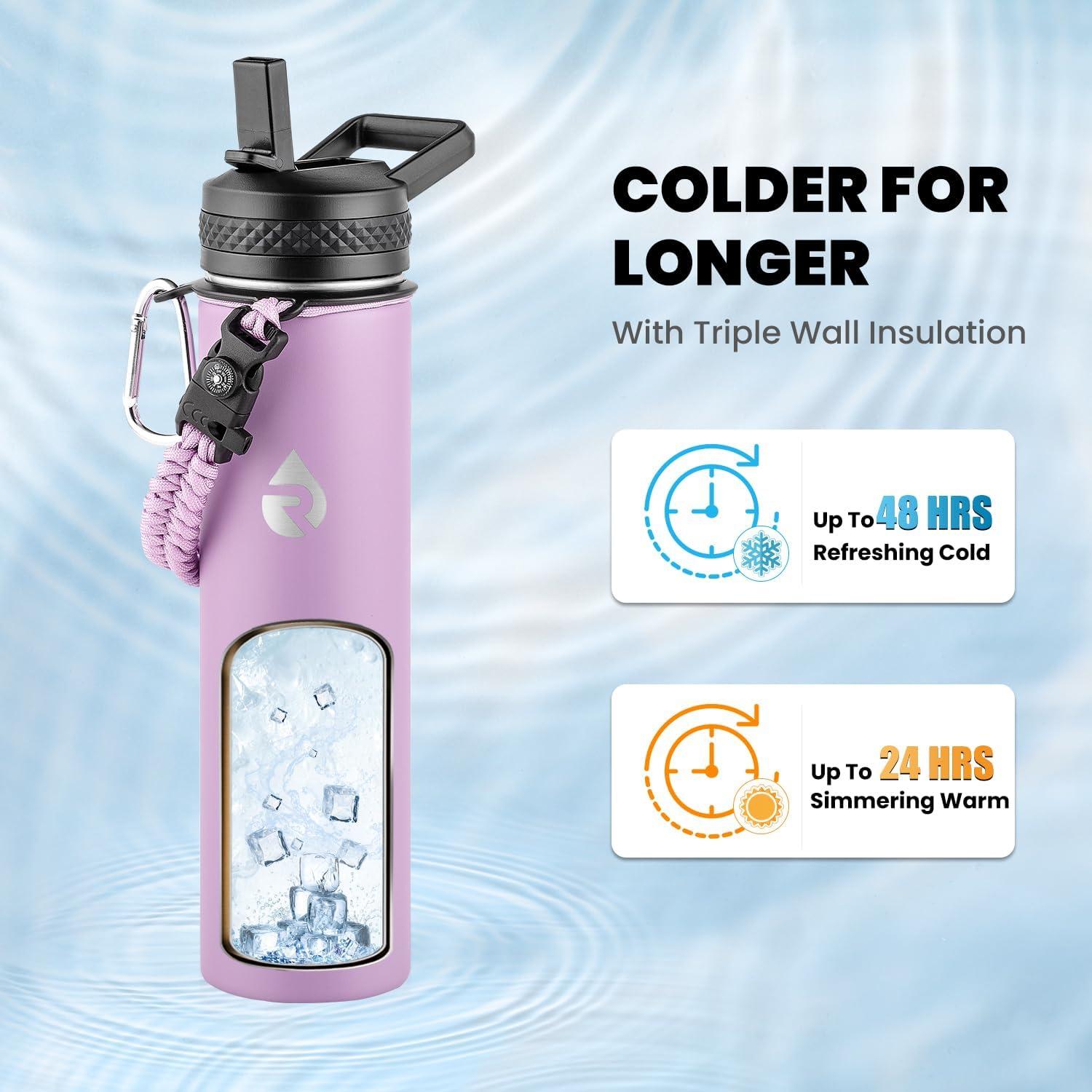 imageInsulated Water Bottle 64 oz Triple Wall Vacuum Stainless Steel Cold for 48 Hrs Leak Proof ampamp NonBPA Half Gallon Water Flask Jug with Paracord Handle ampamp Straw Spout LidsLilac