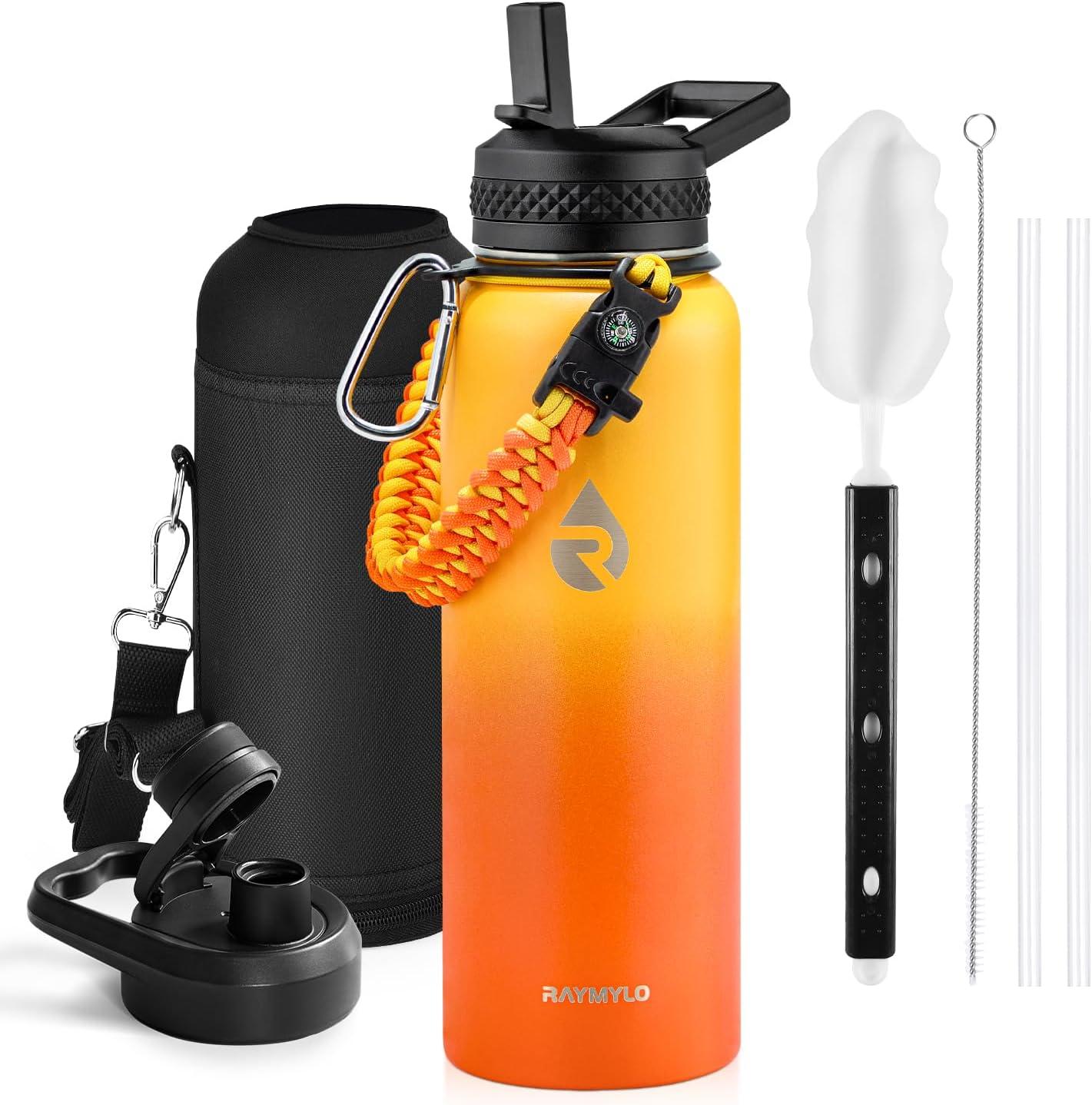 imageInsulated Water Bottle 64 oz Triple Wall Vacuum Stainless Steel Cold for 48 Hrs Leak Proof ampamp NonBPA Half Gallon Water Flask Jug with Paracord Handle ampamp Straw Spout LidsOmbre Orange