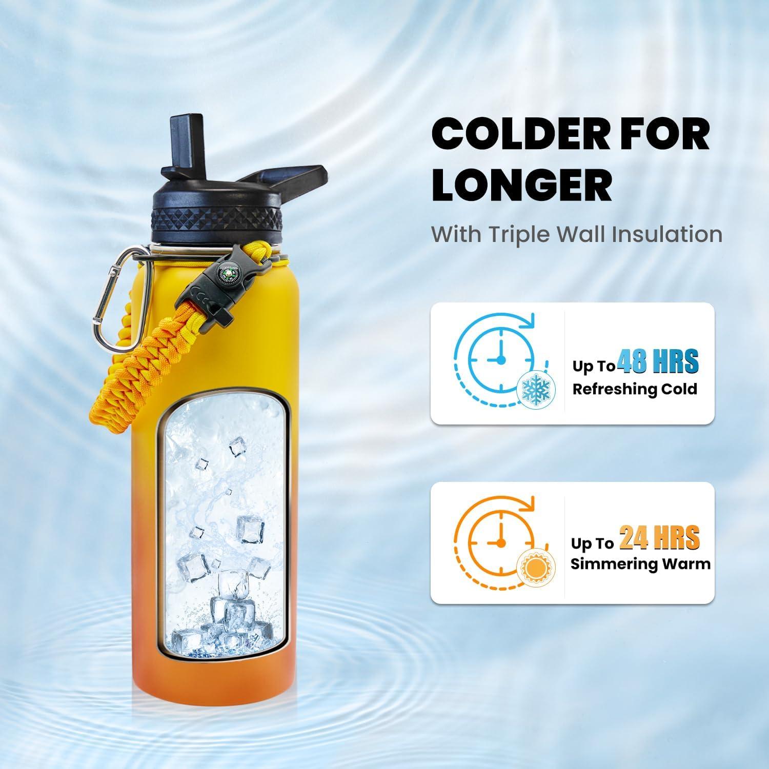 imageInsulated Water Bottle 64 oz Triple Wall Vacuum Stainless Steel Cold for 48 Hrs Leak Proof ampamp NonBPA Half Gallon Water Flask Jug with Paracord Handle ampamp Straw Spout LidsOmbre Orange