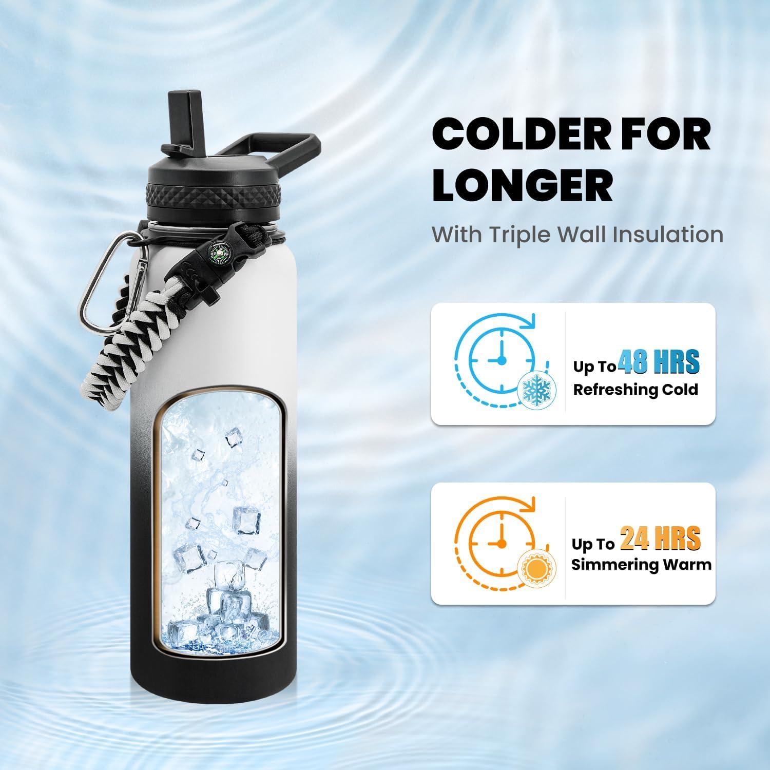 imageInsulated Water Bottle 64 oz Triple Wall Vacuum Stainless Steel Cold for 48 Hrs Leak Proof ampamp NonBPA Half Gallon Water Flask Jug with Paracord Handle ampamp Straw Spout LidsOmbre WhiteBlack