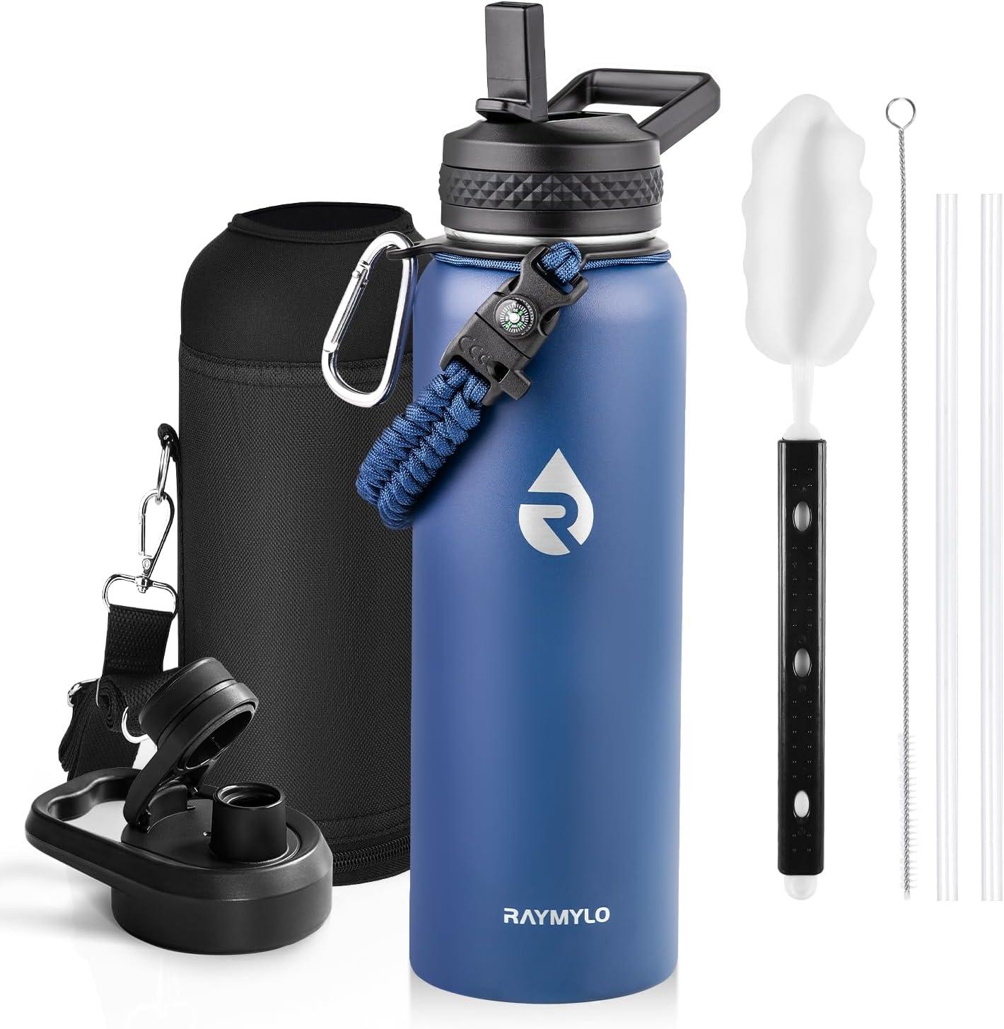 imageInsulated Water Bottle 64 oz Triple Wall Vacuum Stainless Steel Cold for 48 Hrs Leak Proof ampamp NonBPA Half Gallon Water Flask Jug with Paracord Handle ampamp Straw Spout LidsNavy Blue