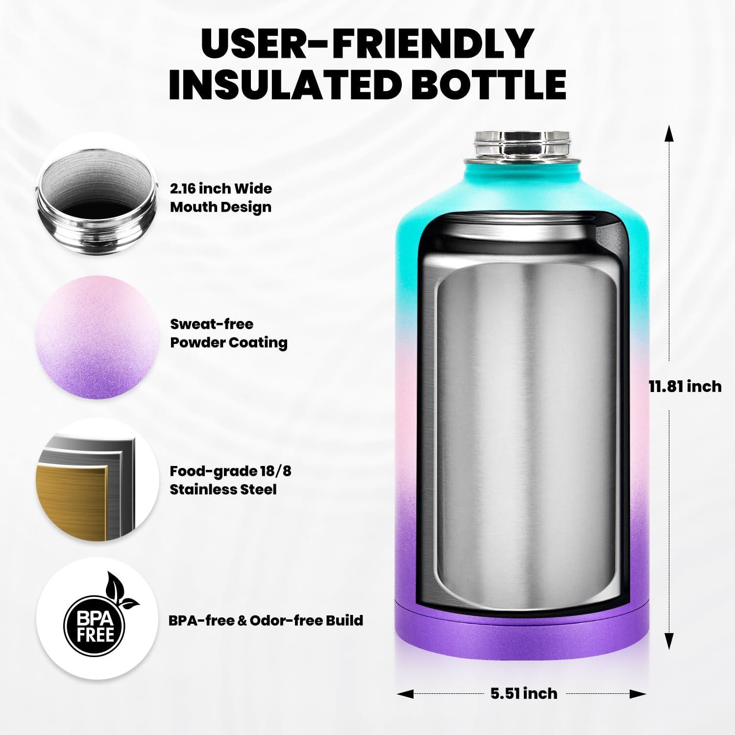 imageInsulated Water Bottle 64 oz Triple Wall Vacuum Stainless Steel Cold for 48 Hrs Leak Proof ampamp NonBPA Half Gallon Water Flask Jug with Paracord Handle ampamp Straw Spout LidsHydrangea