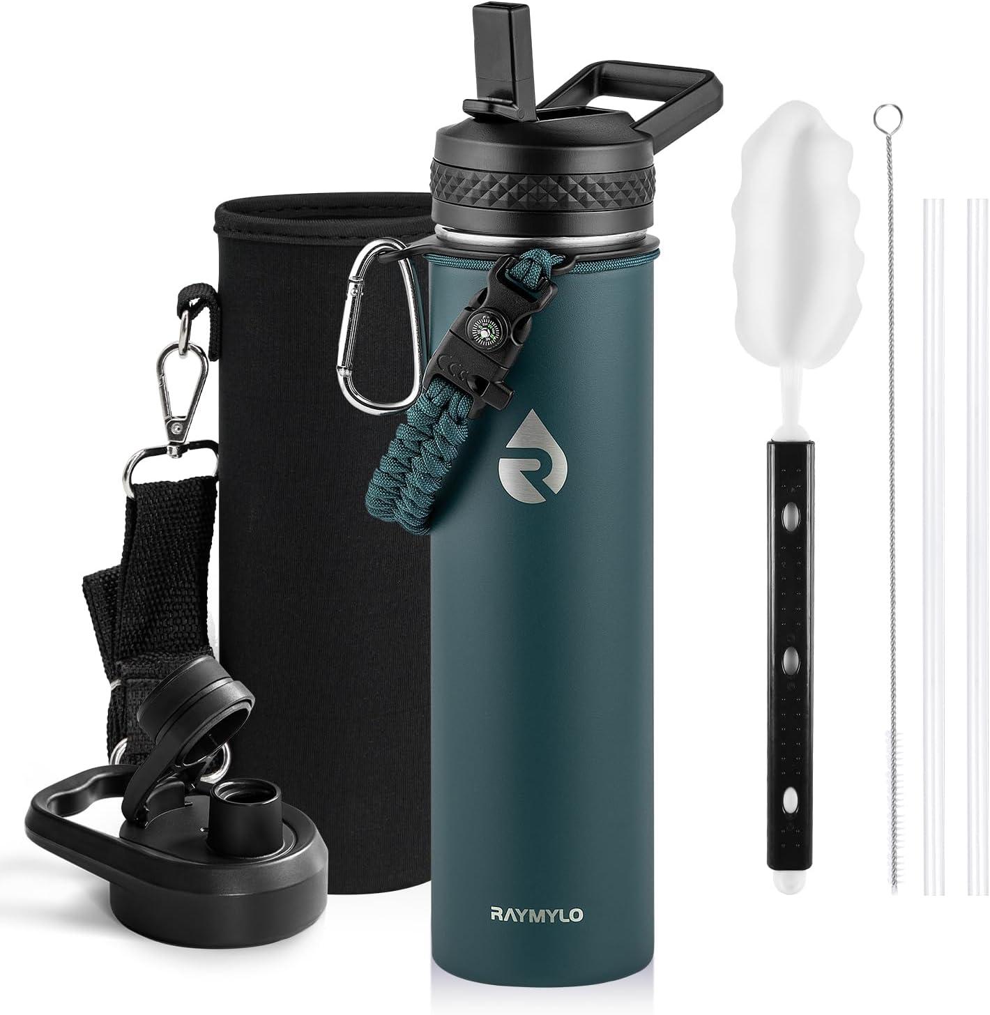 imageInsulated Water Bottle 64 oz Triple Wall Vacuum Stainless Steel Cold for 48 Hrs Leak Proof ampamp NonBPA Half Gallon Water Flask Jug with Paracord Handle ampamp Straw Spout LidsDark Green