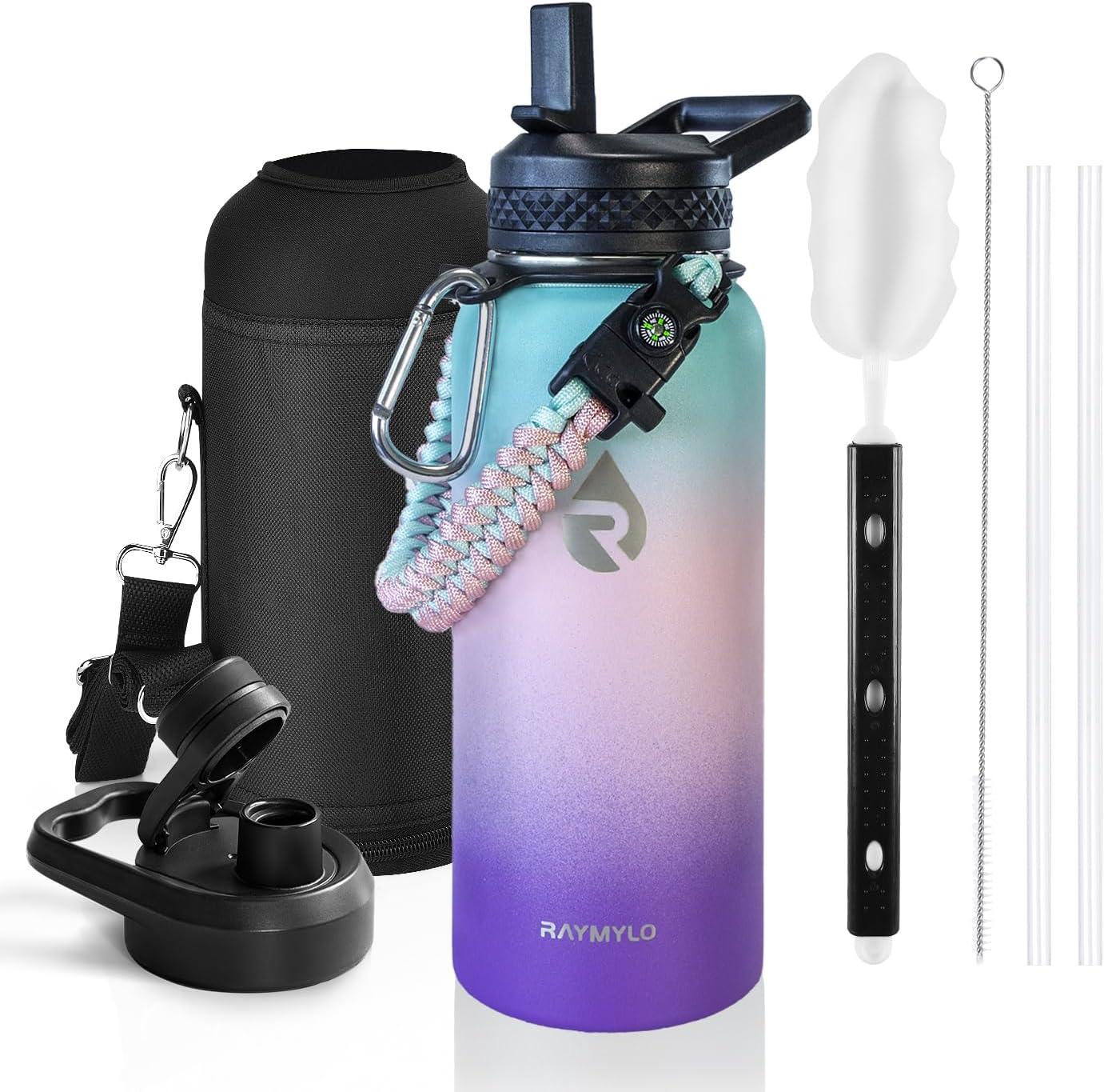 imageInsulated Water Bottle 64 oz Triple Wall Vacuum Stainless Steel Cold for 48 Hrs Leak Proof ampamp NonBPA Half Gallon Water Flask Jug with Paracord Handle ampamp Straw Spout LidsHydrangea