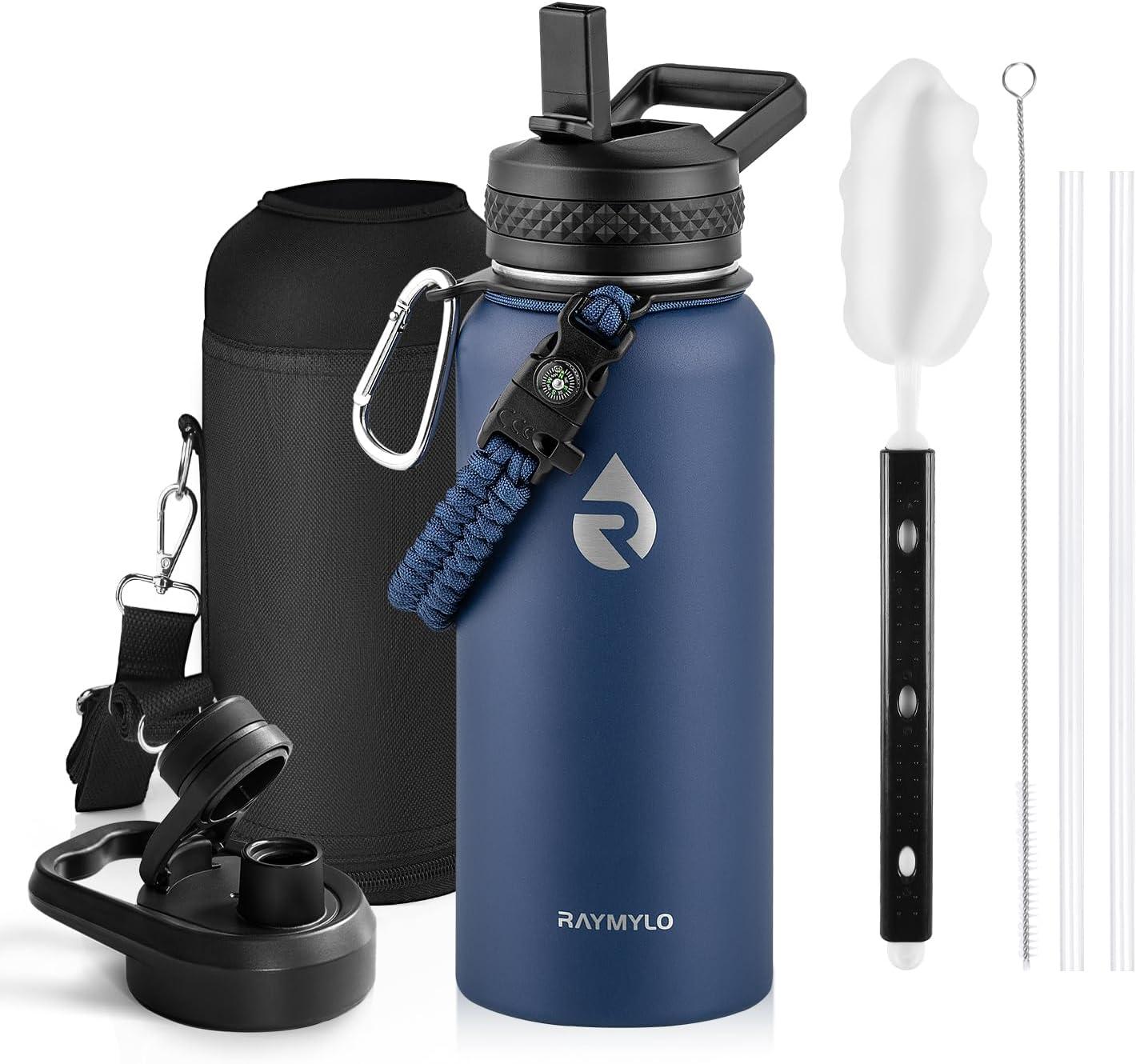 imageInsulated Water Bottle 64 oz Triple Wall Vacuum Stainless Steel Cold for 48 Hrs Leak Proof ampamp NonBPA Half Gallon Water Flask Jug with Paracord Handle ampamp Straw Spout LidsNavy Blue
