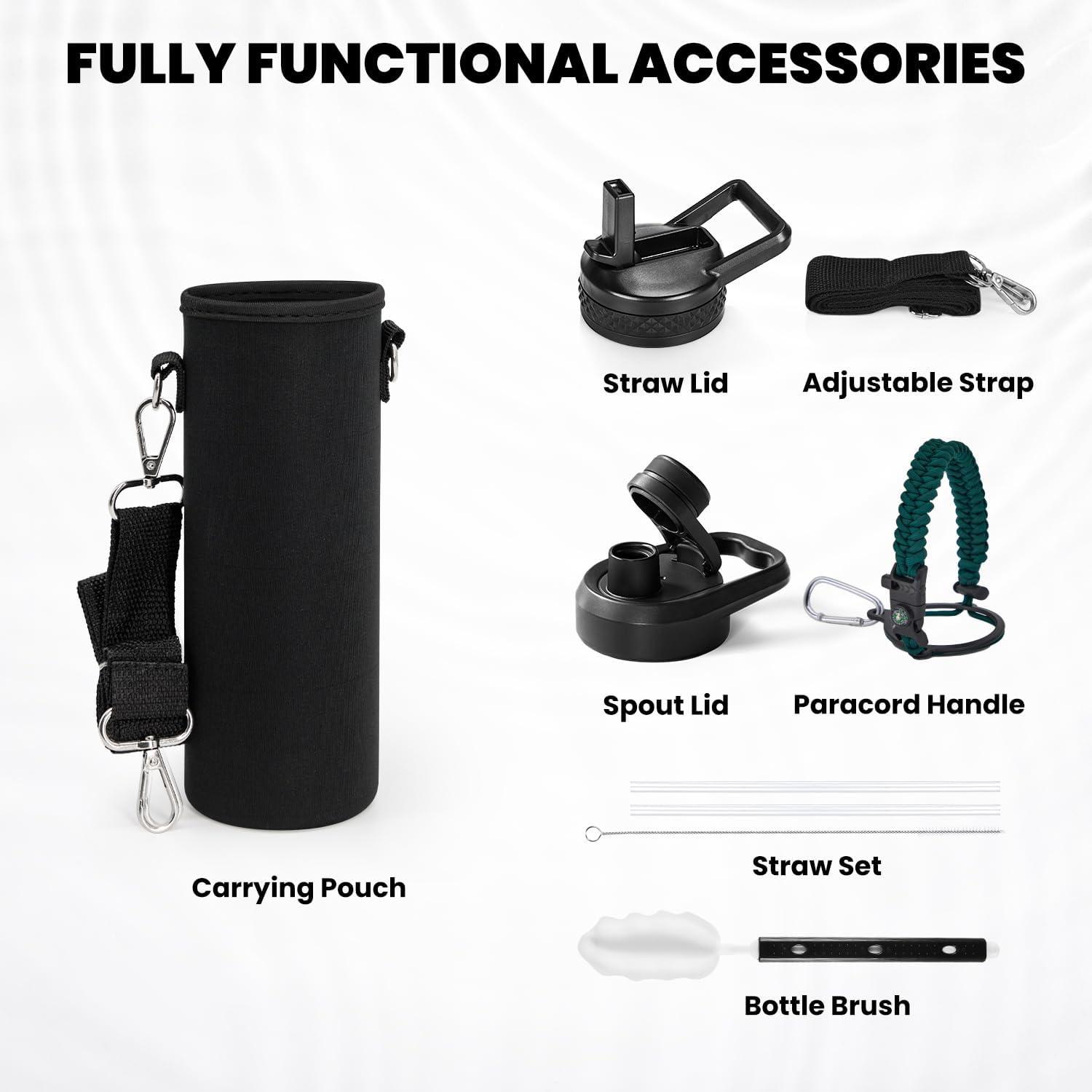 imageInsulated Water Bottle 64 oz Triple Wall Vacuum Stainless Steel Cold for 48 Hrs Leak Proof ampamp NonBPA Half Gallon Water Flask Jug with Paracord Handle ampamp Straw Spout LidsDark Green