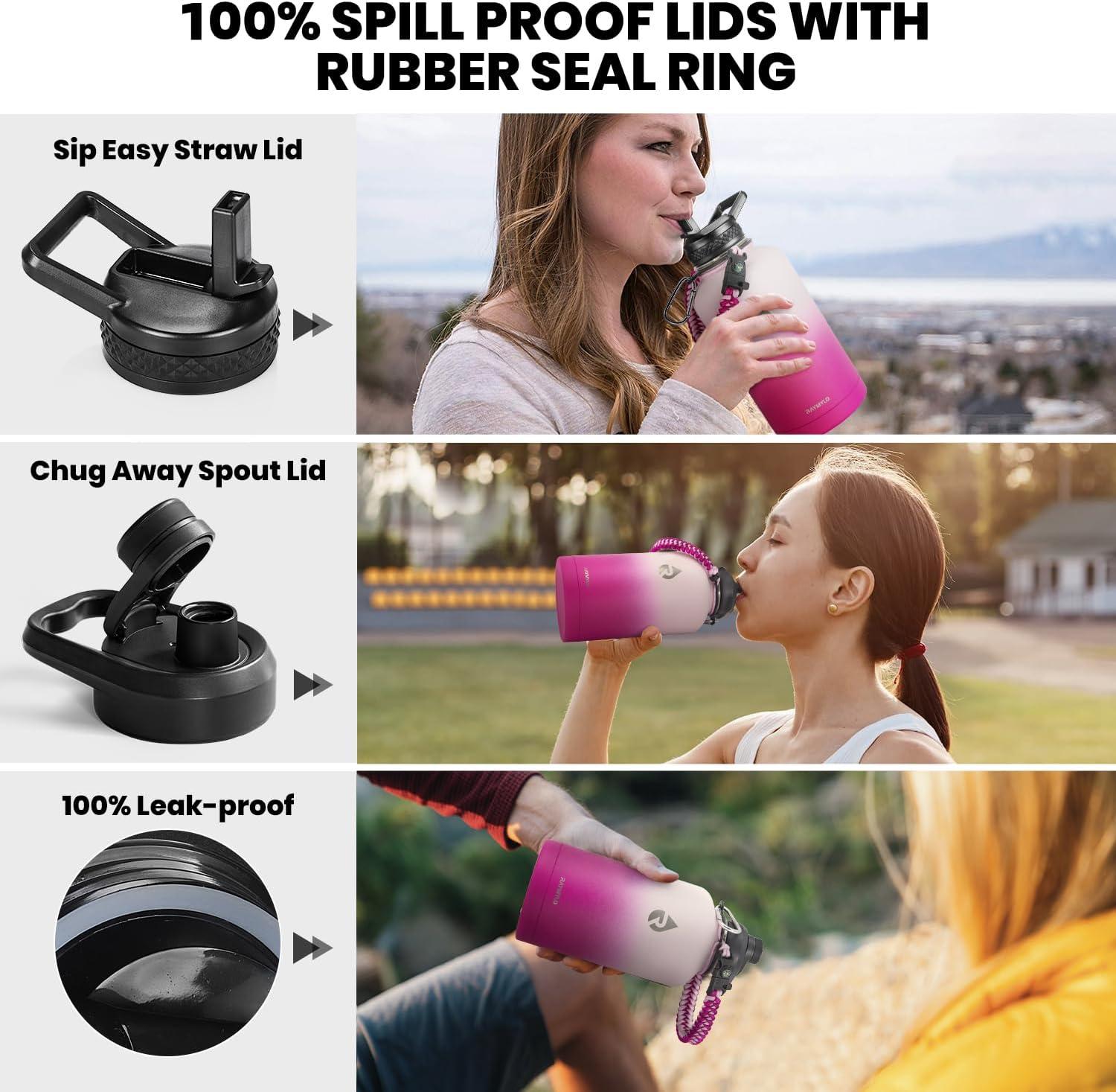 imageInsulated Water Bottle 64 oz Triple Wall Vacuum Stainless Steel Cold for 48 Hrs Leak Proof ampamp NonBPA Half Gallon Water Flask Jug with Paracord Handle ampamp Straw Spout LidsOmbre Pink