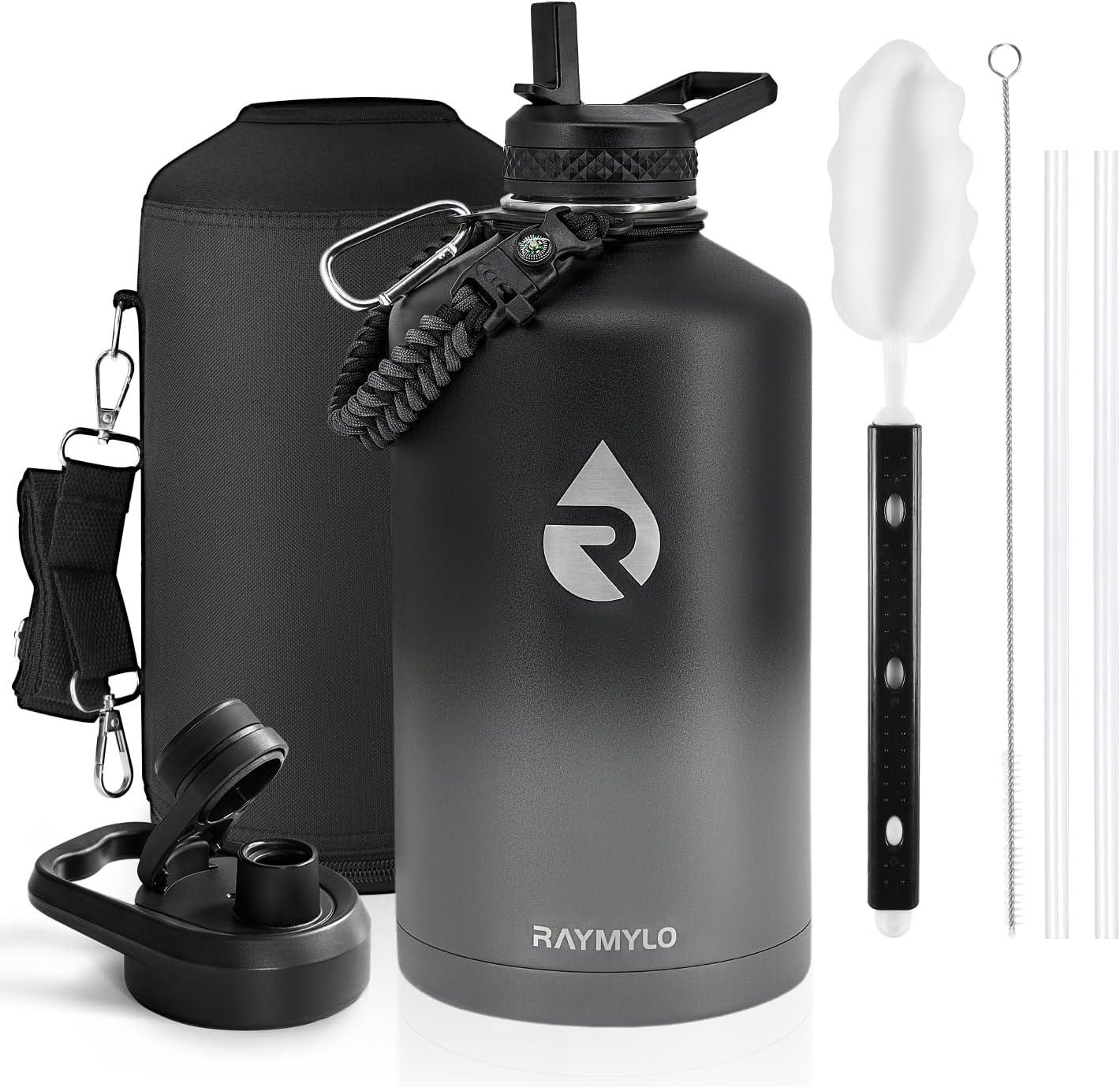 imageInsulated Water Bottle 64 oz Triple Wall Vacuum Stainless Steel Cold for 48 Hrs Leak Proof ampamp NonBPA Half Gallon Water Flask Jug with Paracord Handle ampamp Straw Spout LidsDark Gray