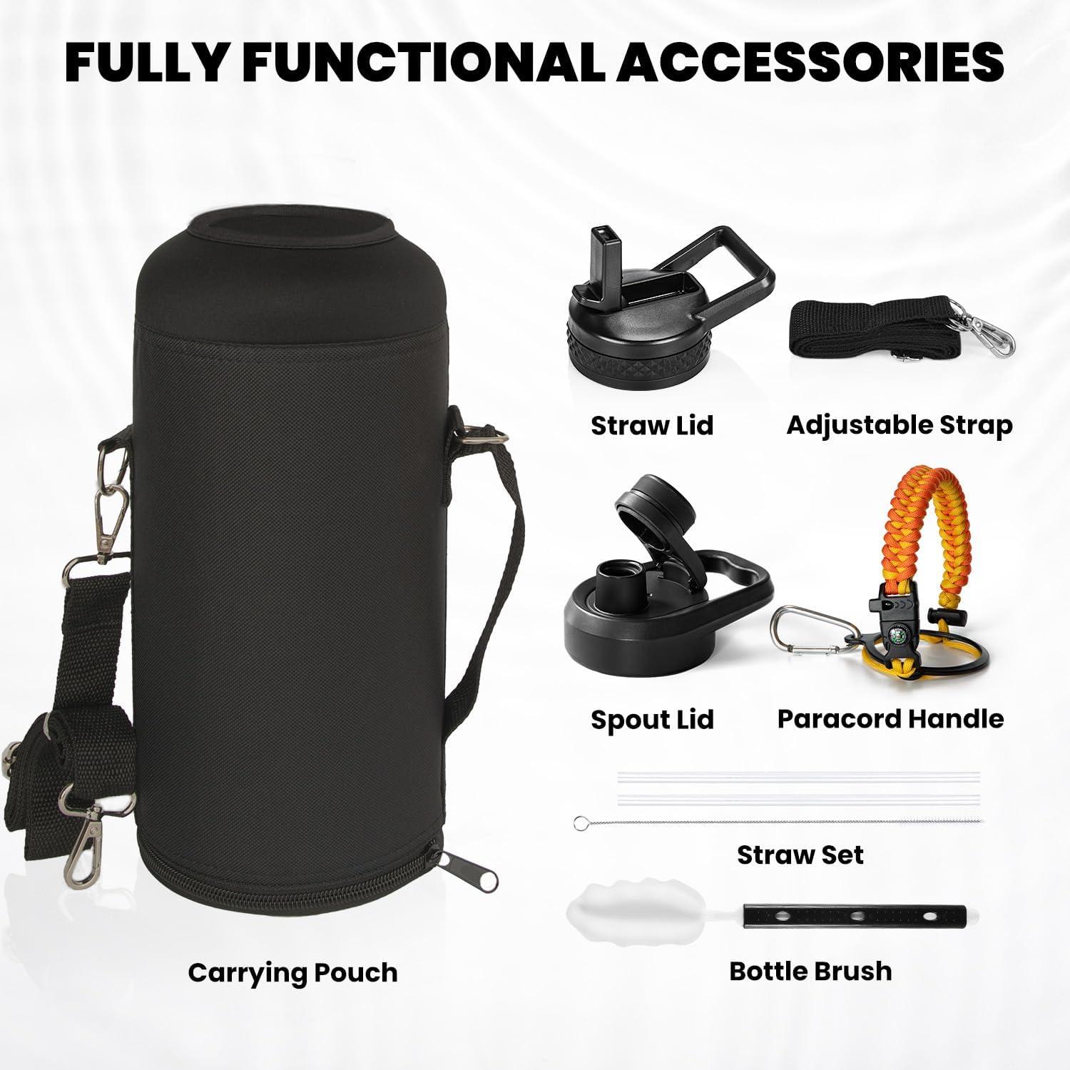 imageInsulated Water Bottle 64 oz Triple Wall Vacuum Stainless Steel Cold for 48 Hrs Leak Proof ampamp NonBPA Half Gallon Water Flask Jug with Paracord Handle ampamp Straw Spout LidsOmbre Orange