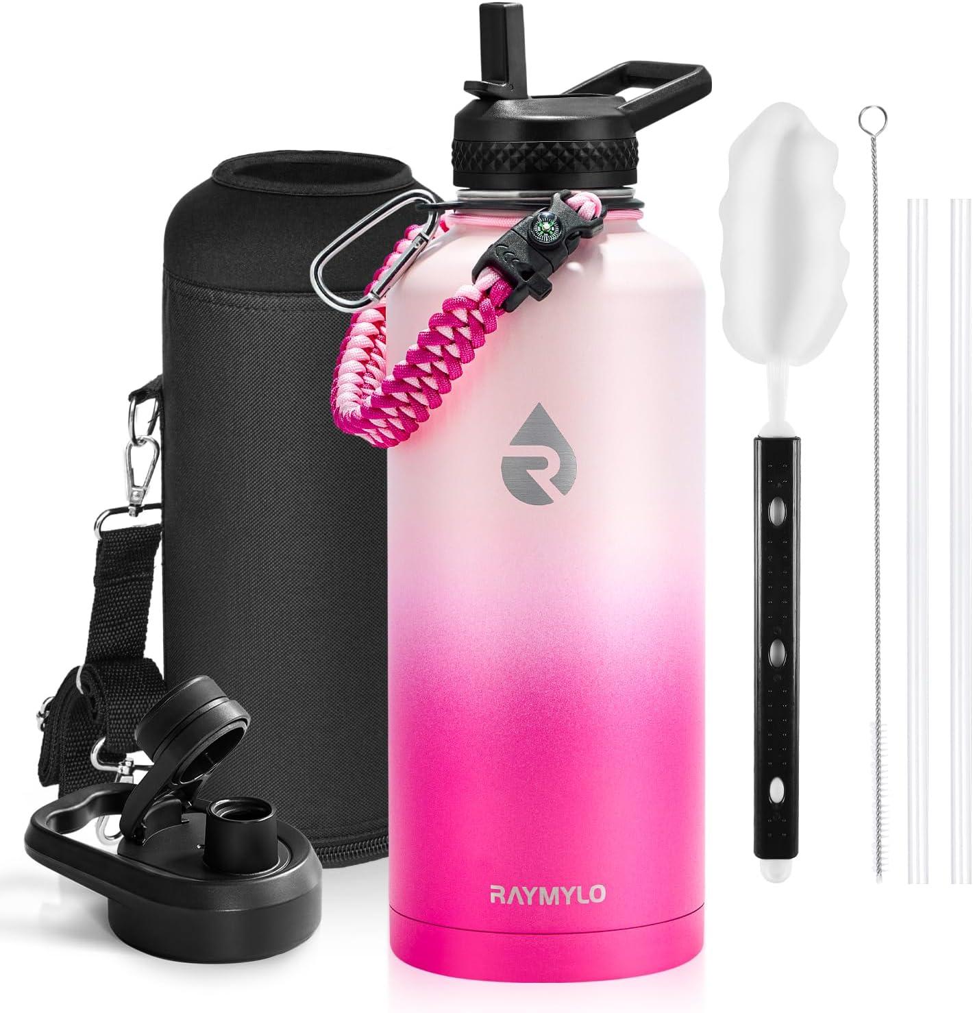 imageInsulated Water Bottle 64 oz Triple Wall Vacuum Stainless Steel Cold for 48 Hrs Leak Proof ampamp NonBPA Half Gallon Water Flask Jug with Paracord Handle ampamp Straw Spout LidsOmbre Pink