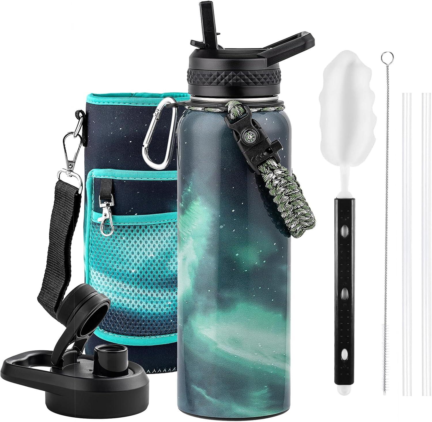 imageInsulated Water Bottle 64 oz Triple Wall Vacuum Stainless Steel Cold for 48 Hrs Leak Proof ampamp NonBPA Half Gallon Water Flask Jug with Paracord Handle ampamp Straw Spout LidsAuroraGreen