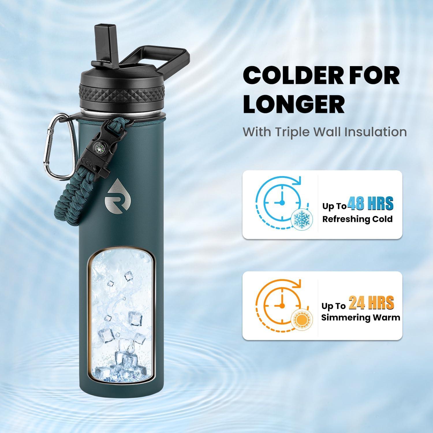 imageInsulated Water Bottle 64 oz Triple Wall Vacuum Stainless Steel Cold for 48 Hrs Leak Proof ampamp NonBPA Half Gallon Water Flask Jug with Paracord Handle ampamp Straw Spout LidsDark Green