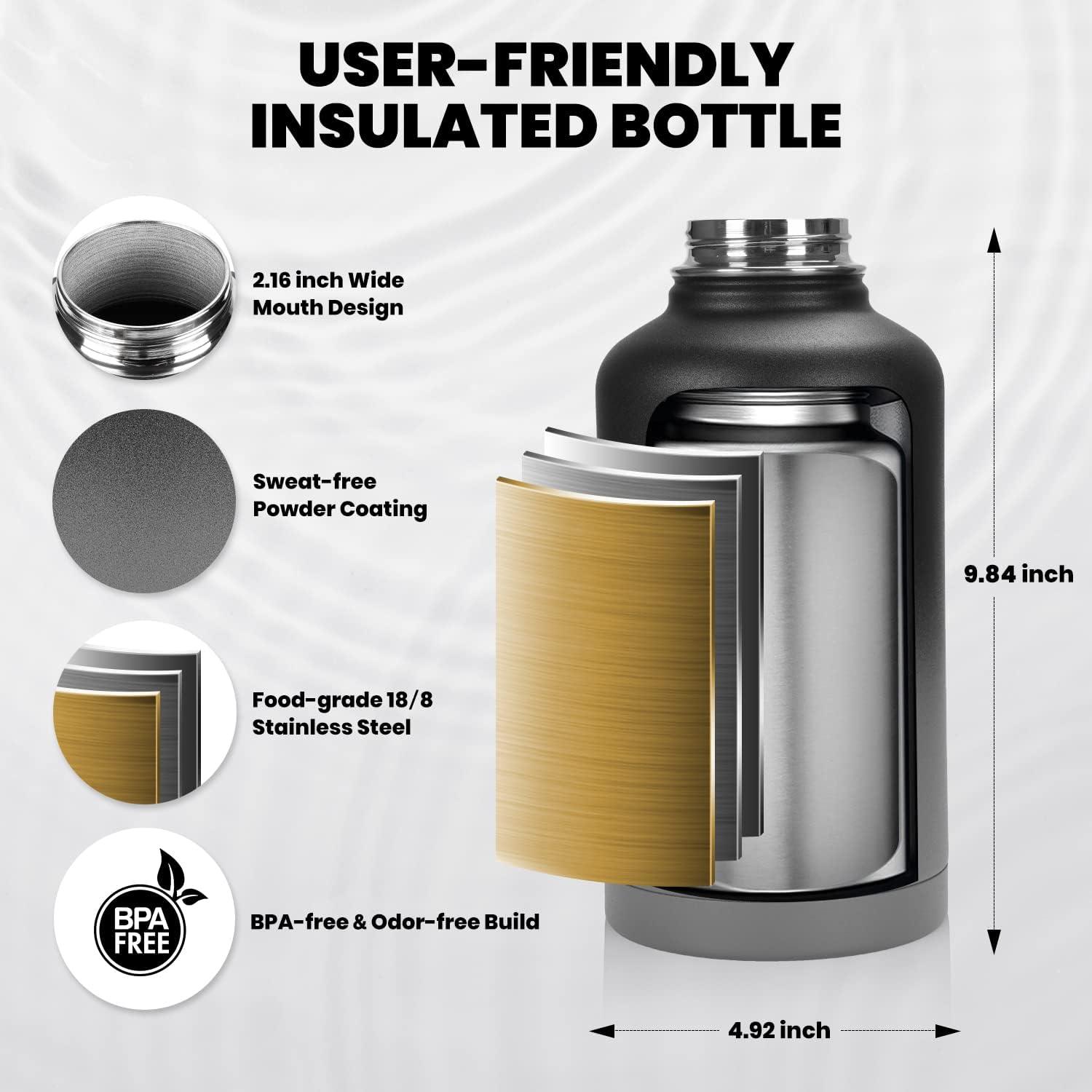 imageInsulated Water Bottle 64 oz Triple Wall Vacuum Stainless Steel Cold for 48 Hrs Leak Proof ampamp NonBPA Half Gallon Water Flask Jug with Paracord Handle ampamp Straw Spout LidsDark Gray