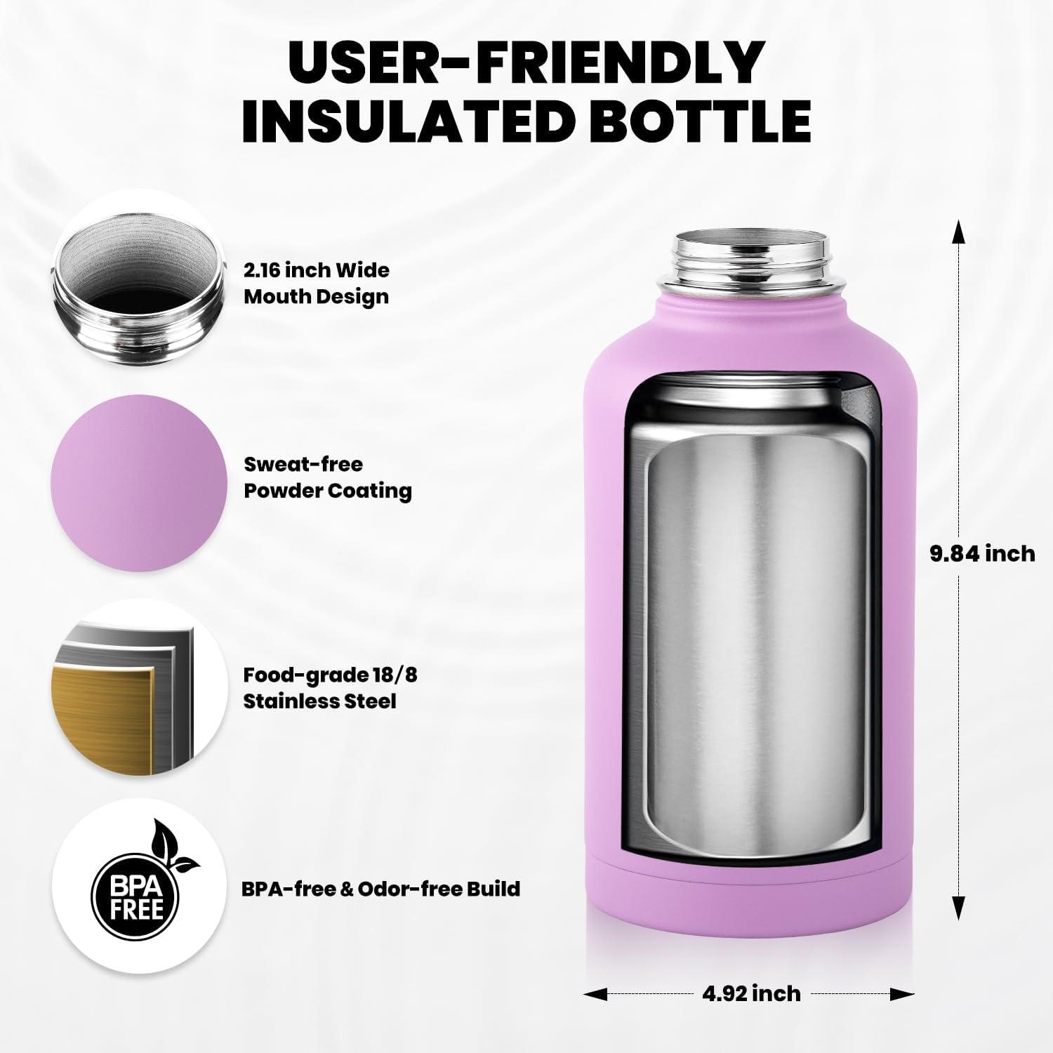 imageInsulated Water Bottle 64 oz Triple Wall Vacuum Stainless Steel Cold for 48 Hrs Leak Proof ampamp NonBPA Half Gallon Water Flask Jug with Paracord Handle ampamp Straw Spout LidsLilac