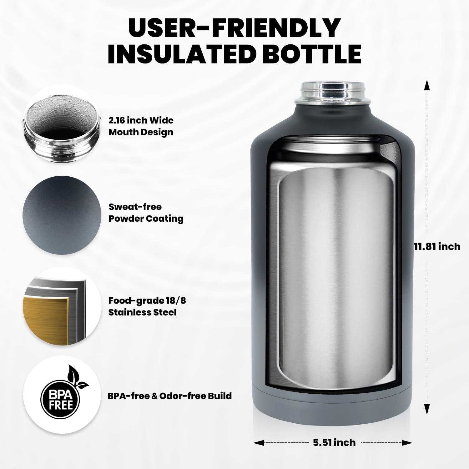imageInsulated Water Bottle 64 oz Triple Wall Vacuum Stainless Steel Cold for 48 Hrs Leak Proof ampamp NonBPA Half Gallon Water Flask Jug with Paracord Handle ampamp Straw Spout LidsDark Gray