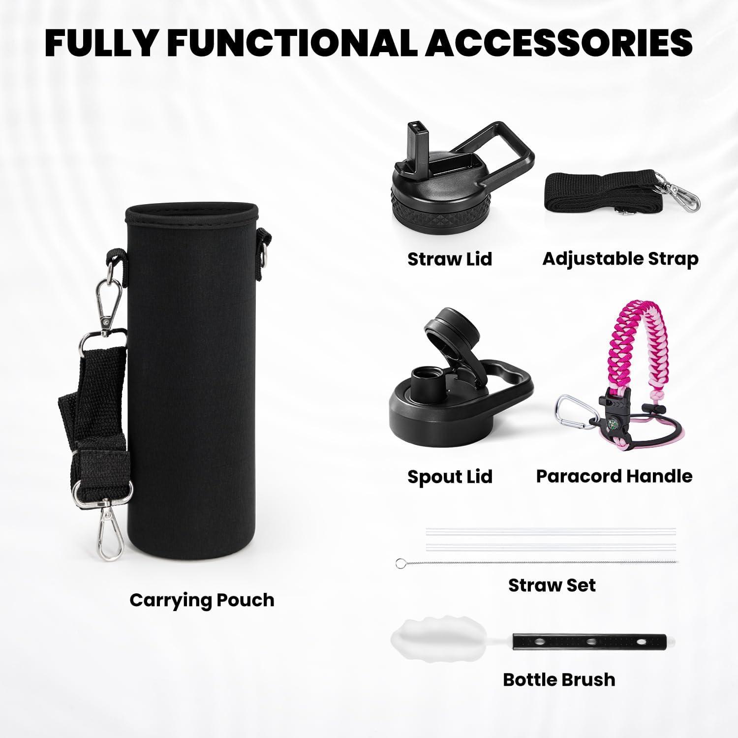 imageInsulated Water Bottle 64 oz Triple Wall Vacuum Stainless Steel Cold for 48 Hrs Leak Proof ampamp NonBPA Half Gallon Water Flask Jug with Paracord Handle ampamp Straw Spout LidsOmbre Pink