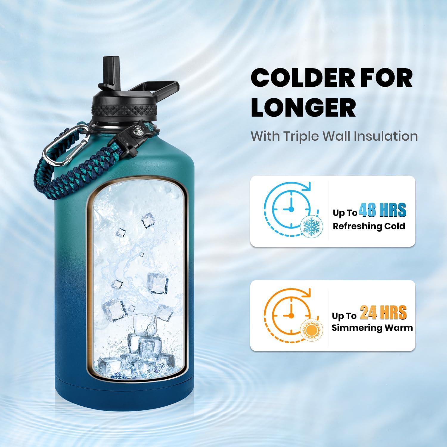 imageInsulated Water Bottle 64 oz Triple Wall Vacuum Stainless Steel Cold for 48 Hrs Leak Proof ampamp NonBPA Half Gallon Water Flask Jug with Paracord Handle ampamp Straw Spout LidsCyan Blue