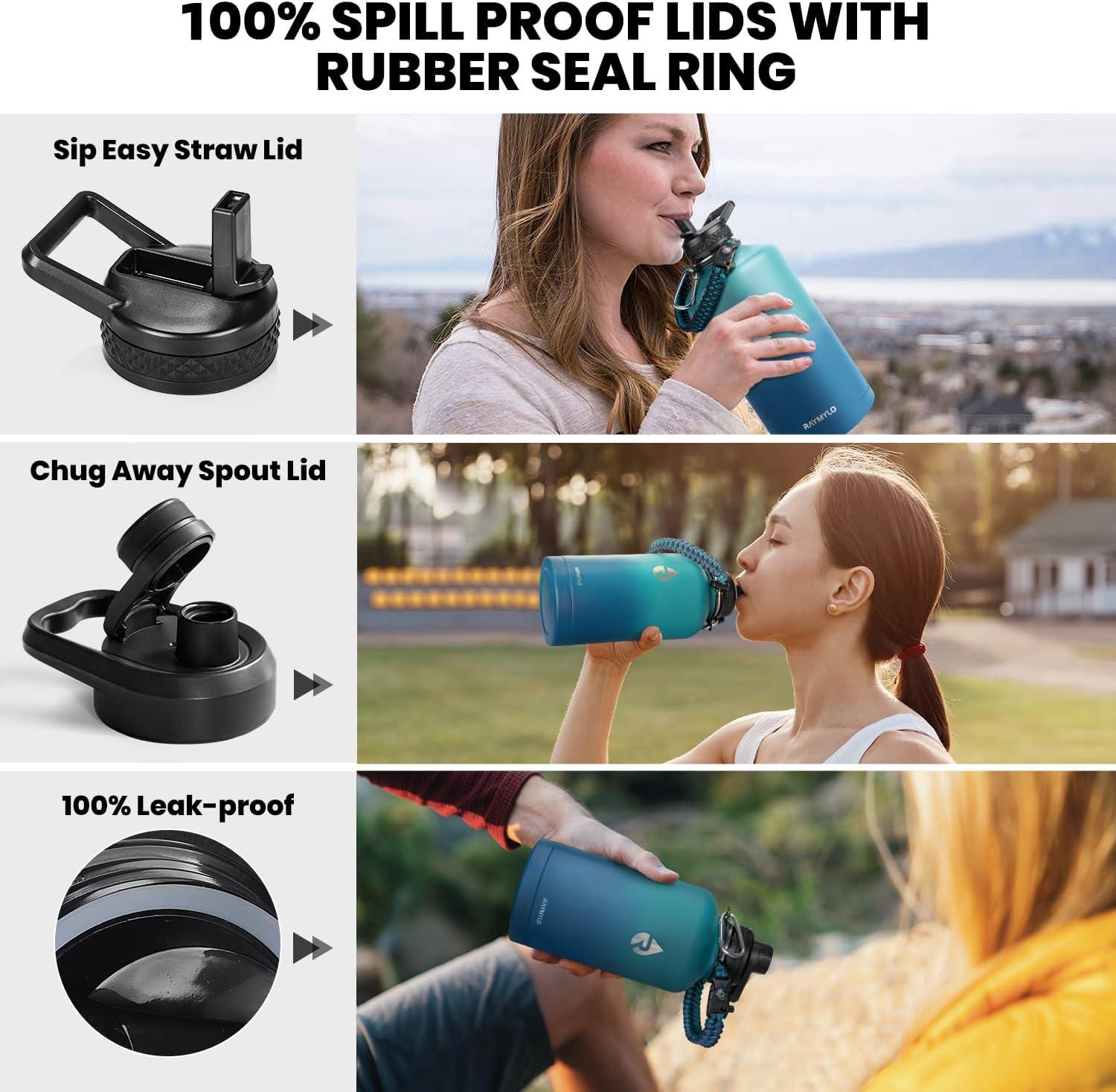 imageInsulated Water Bottle 64 oz Triple Wall Vacuum Stainless Steel Cold for 48 Hrs Leak Proof ampamp NonBPA Half Gallon Water Flask Jug with Paracord Handle ampamp Straw Spout LidsCyan Blue