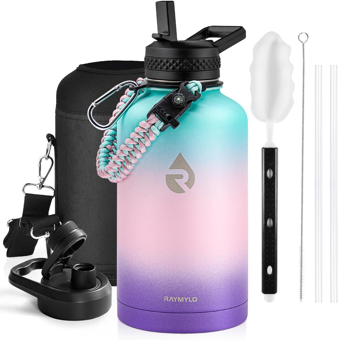 imageInsulated Water Bottle 64 oz Triple Wall Vacuum Stainless Steel Cold for 48 Hrs Leak Proof ampamp NonBPA Half Gallon Water Flask Jug with Paracord Handle ampamp Straw Spout LidsHydrangea