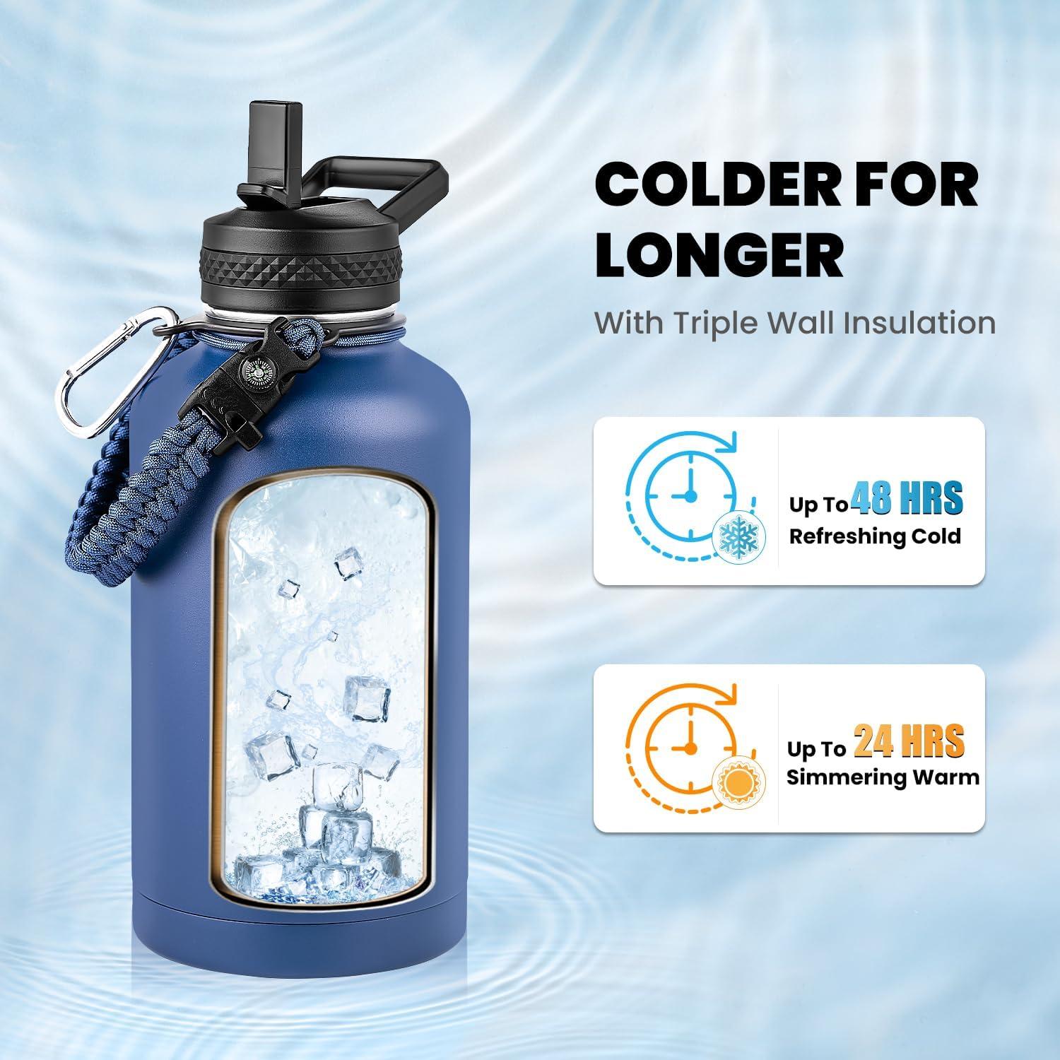 imageInsulated Water Bottle 64 oz Triple Wall Vacuum Stainless Steel Cold for 48 Hrs Leak Proof ampamp NonBPA Half Gallon Water Flask Jug with Paracord Handle ampamp Straw Spout LidsNavy Blue